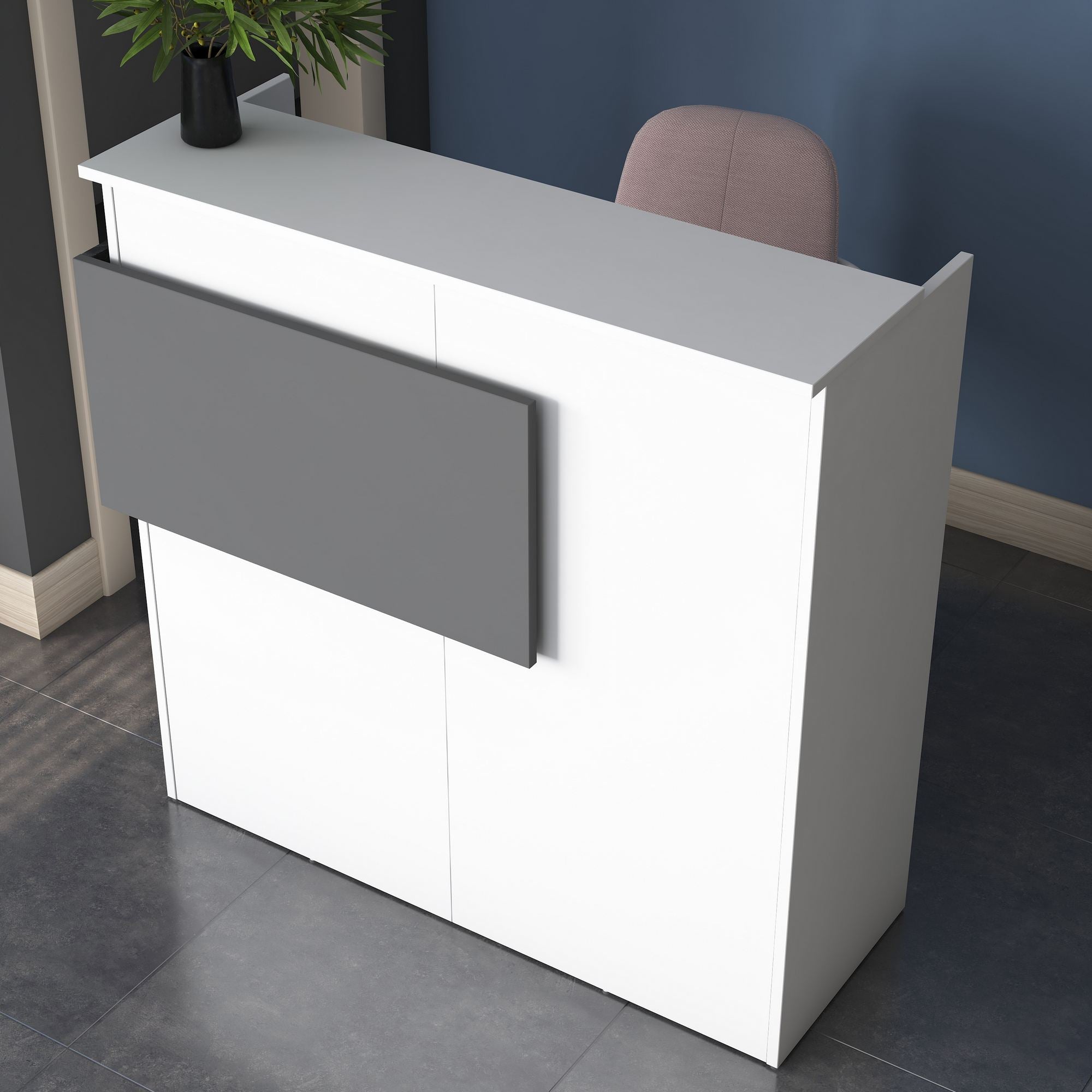 Eleganter Empfangstisch MA102 in Weiß und Marmor von Hanah Home. Ideal für stilvolle Büros und Empfangsbereiche. Hochwertig und langlebig.