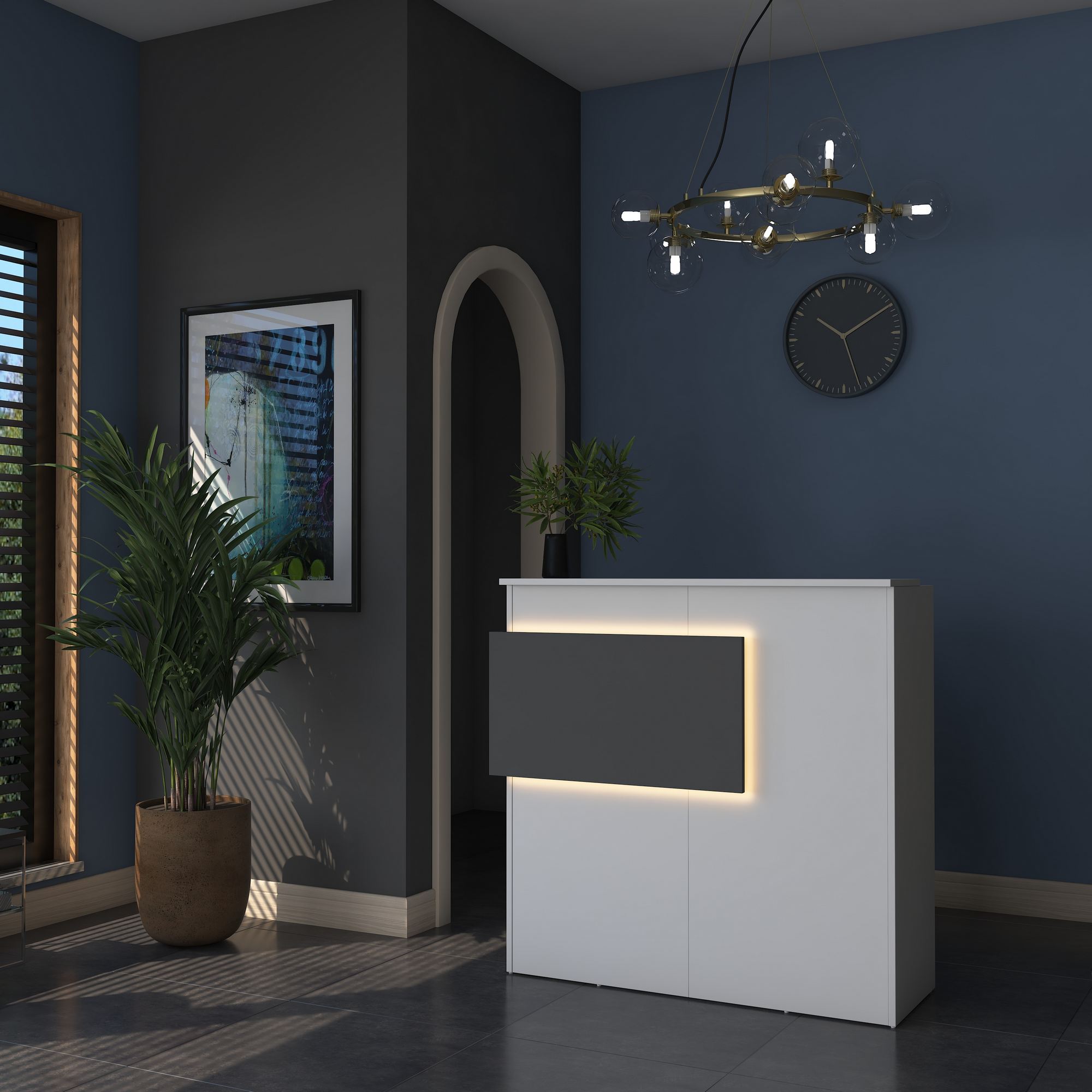 Moderner Empfangstisch MA102 in Weiß und Anthrazit von Hanah Home. Perfekt für eine einladende Atmosphäre in jedem Büro oder Salon.