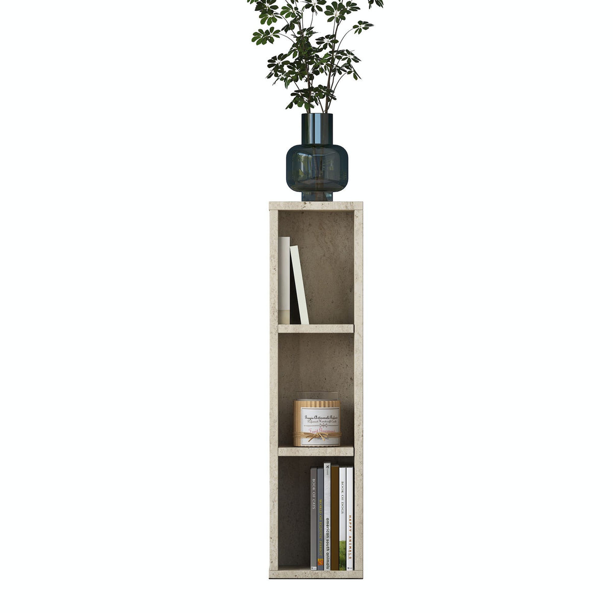 Kleiner Beistelltisch in Travertin-Optik von Hanah Home, rechteckige Form, Oberfläche aus melaminbeschichteter Spanplatte, schlichtes Design.
