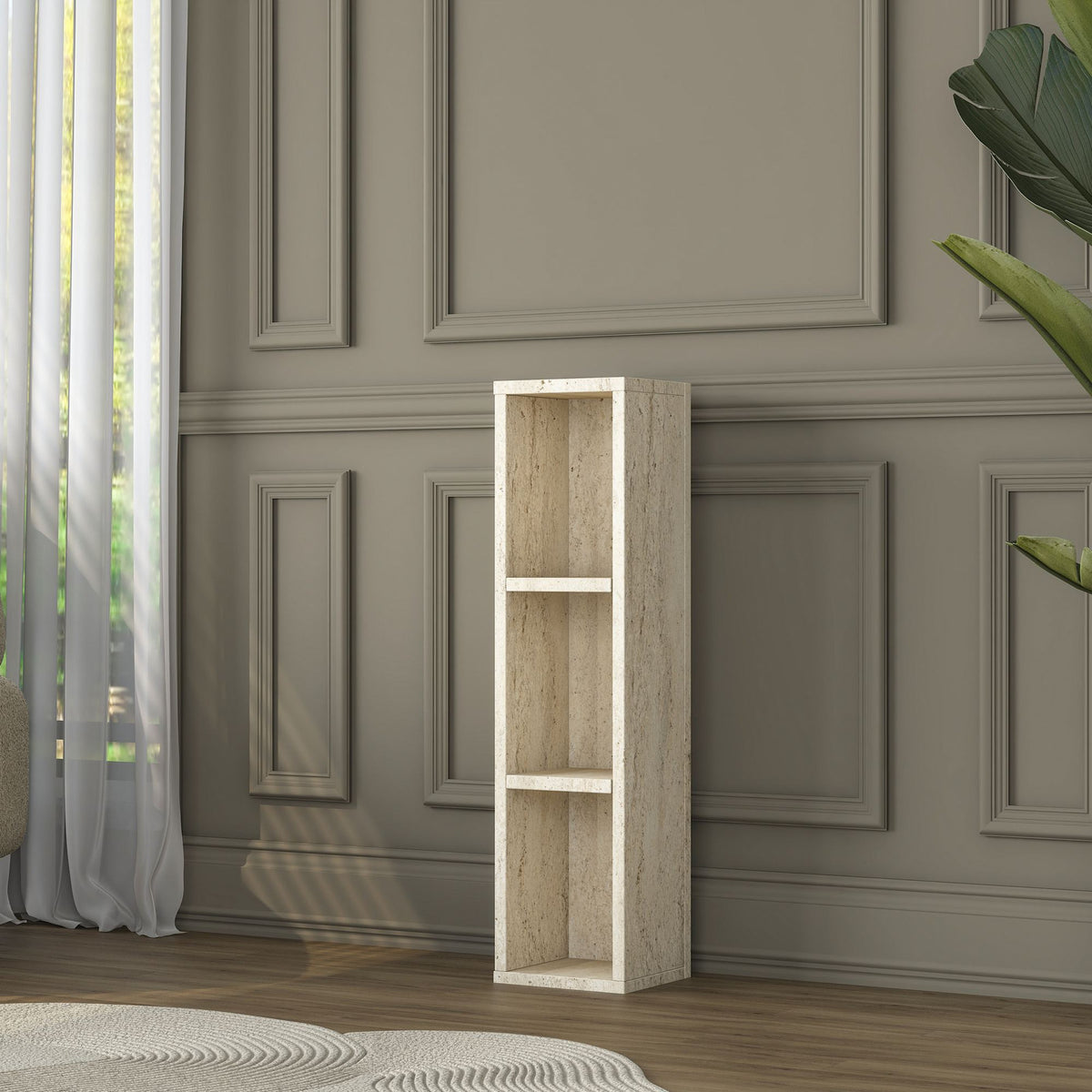 Kleiner Beistelltisch in Travertin-Optik von Hanah Home, rechteckige Form, Oberfläche aus melaminbeschichteter Spanplatte, schlichtes Design.