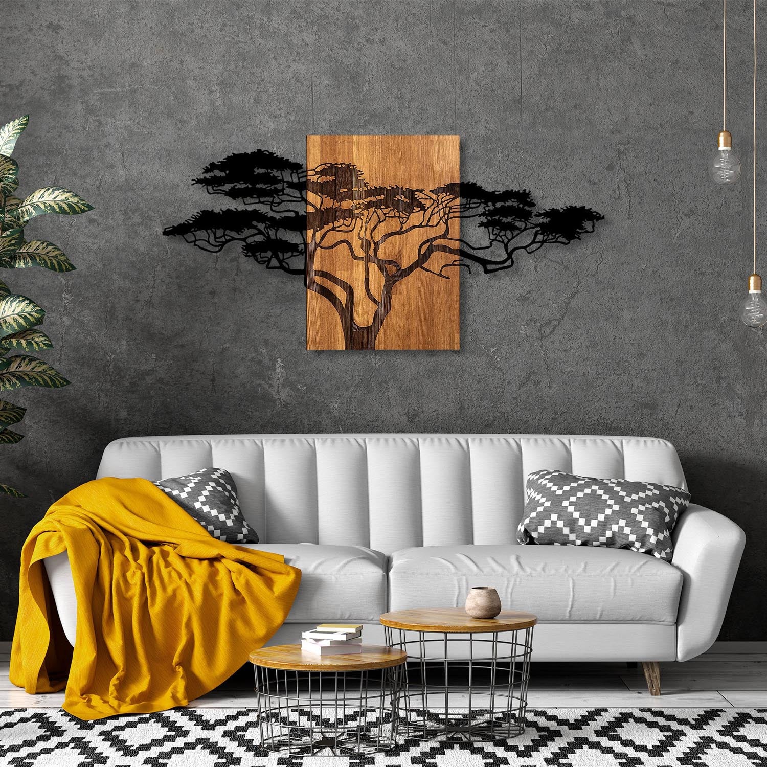 Entdecken Sie die Acacia Tree Wanddeko in Schwarznuss von Wallity – ein einzigartiges Holz-Metall-Kunstwerk, das jeden Raum stilvoll bereichert.