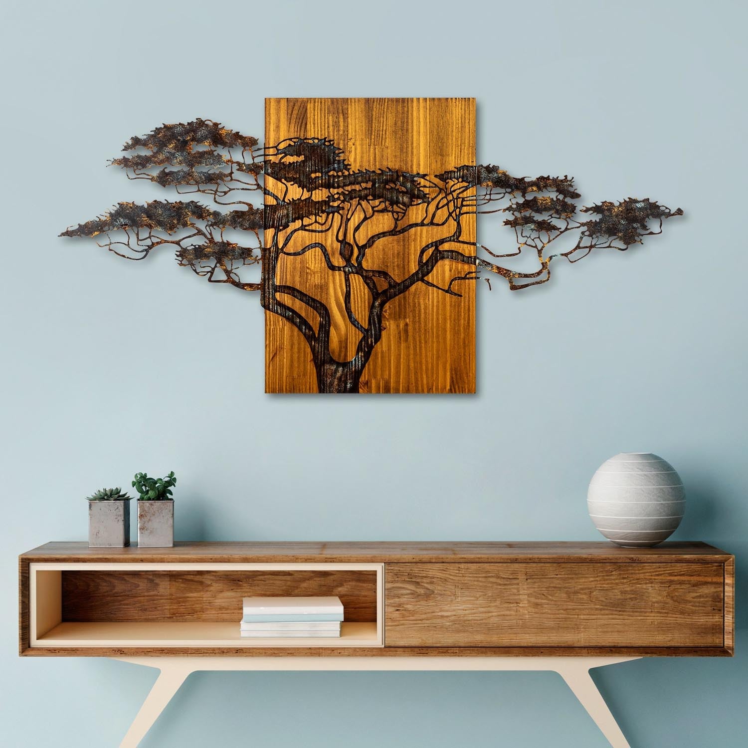 Verleihen Sie Ihrem Raum mit der handgefertigten Acacia Tree Wanddeko von Wallity einen Hauch von Eleganz. Echtes Holz, einzigartiges Design!