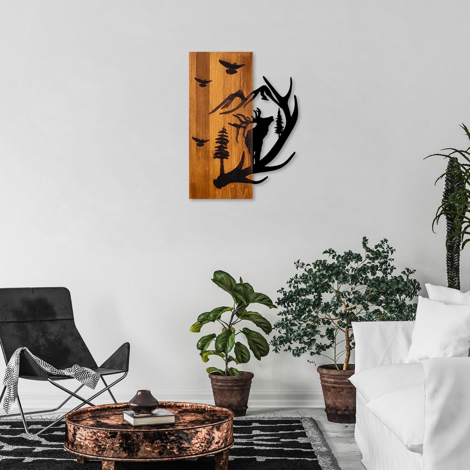 Gestalten Sie Ihre Wände neu mit der Deer and Mountain Wanddeko in Walnuss Schwarz von Wallity – ein einzigartiges Holzkunstwerk für stilvolle Akzente.