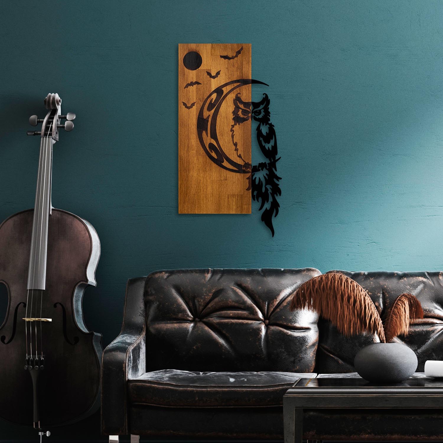 Entdecken Sie die Owl Wanddeko von Wallity in Walnuss Schwarz – ein einzigartiges Holzkunstwerk, das jedem Raum Stil und Wärme verleiht.