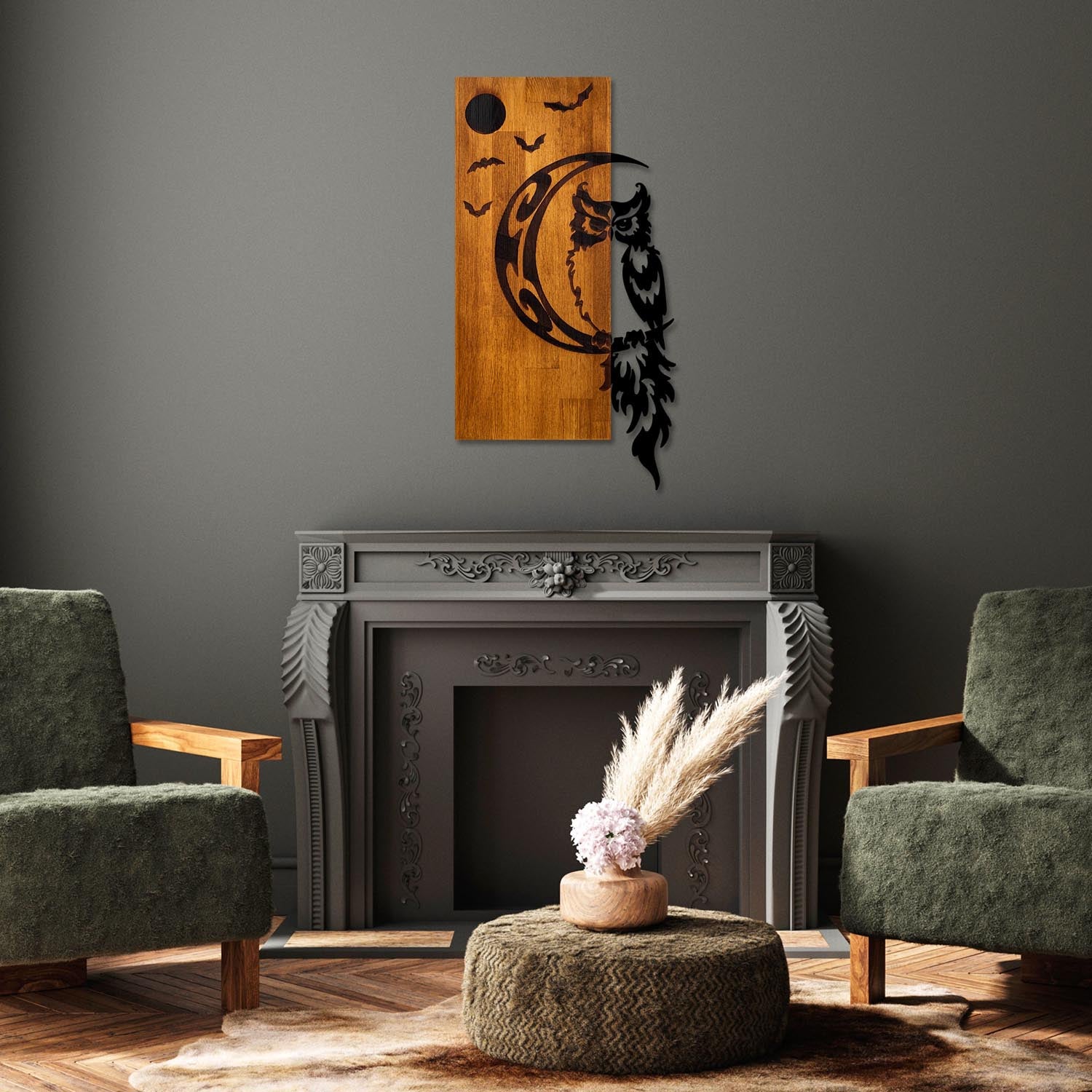 Verleihen Sie Ihrem Zuhause mit der Owl Wanddeko von Wallity in Walnuss Schwarz einen eleganten Akzent. Handgefertigt aus echtem Holz, strahlt sie Wärme und Stil aus.