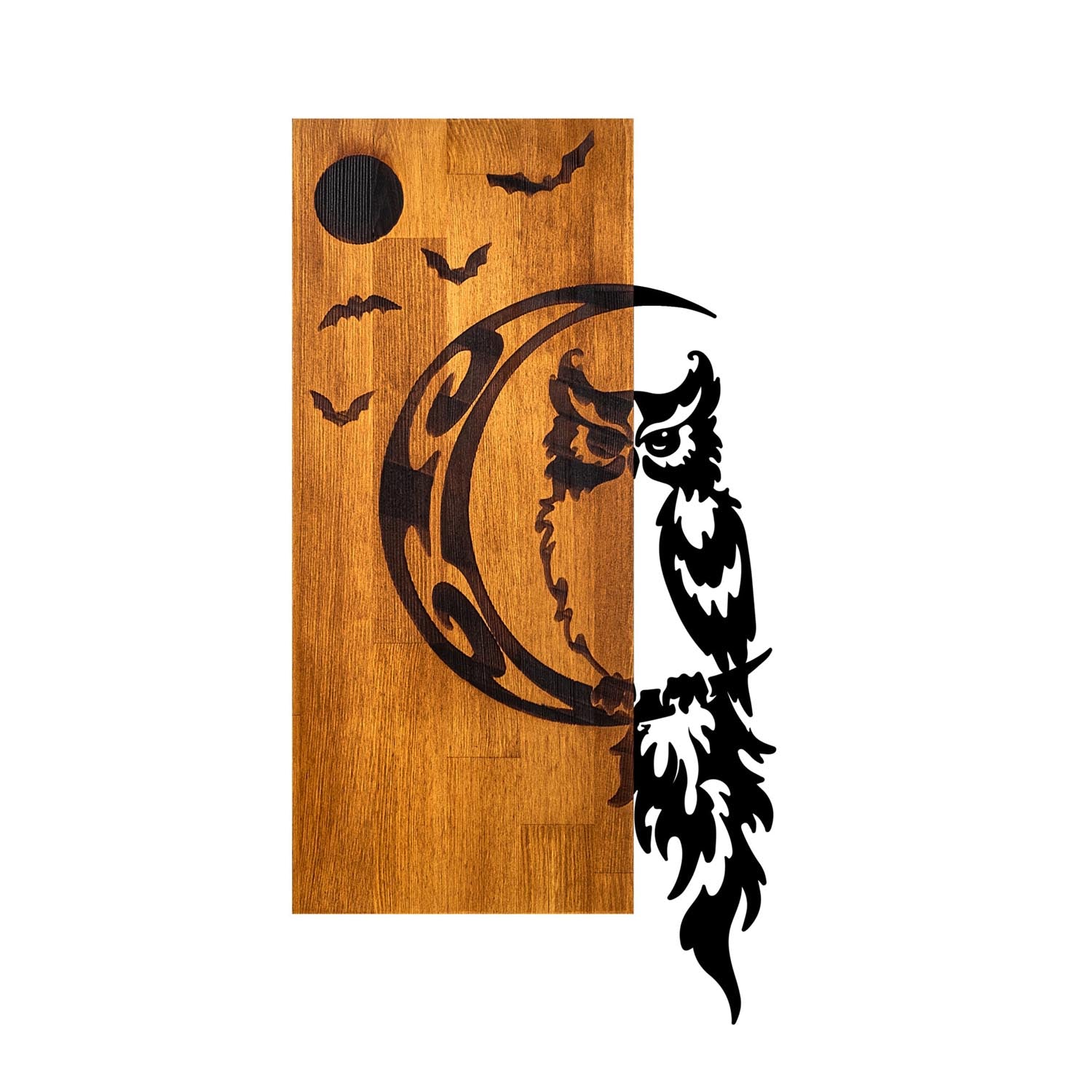 Setzen Sie mit der Owl Wanddeko von Wallity in Walnuss Schwarz einen stilvollen Akzent in Ihrem Zuhause. Handgefertigt aus 100% echtem Holz, vereint sie Eleganz und natürliche Schönheit.