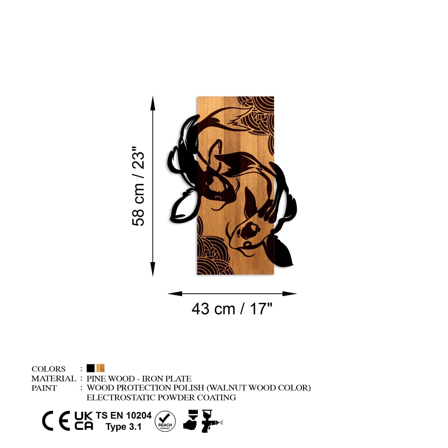 Entdecken Sie die Fish Yang Wanddeko in Walnuss Schwarz von Wallity – ein einzigartiges Holz-Metall-Design, das jedem Raum Stil und Charakter verleiht.