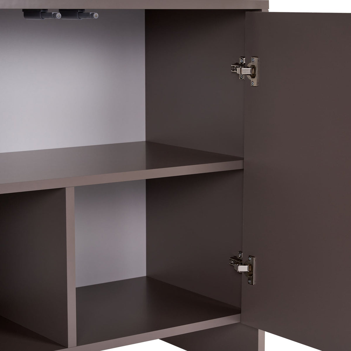 Konsolentisch Arlen Atlas von Nordure in Braun, Gestell aus melaminbeschichteter Spanplatte, Frontplatte aus Spanplatte/MDF, geometrische Form.