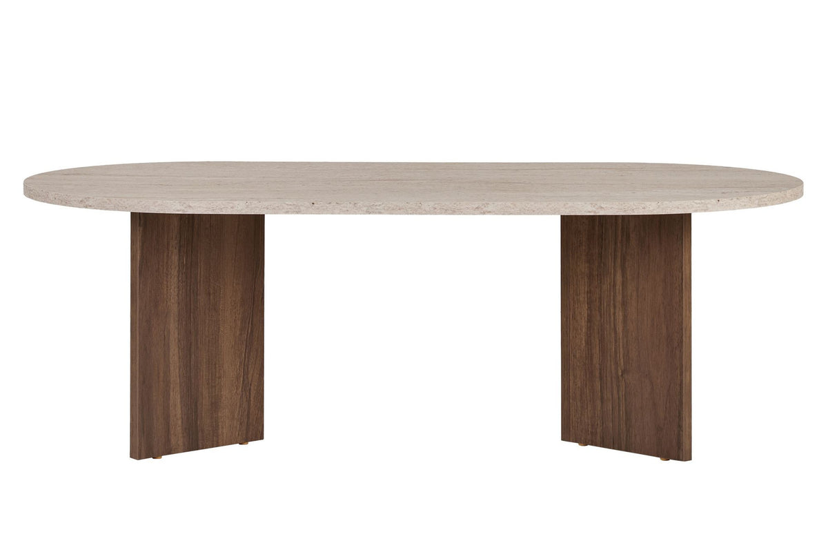 Couchtisch Sable von Nordure mit Tischplatte in Travertin-Optik und Gestell in Venezia-Walnuss-Optik, rechteckige Form, 119 x 60 x 40 cm.