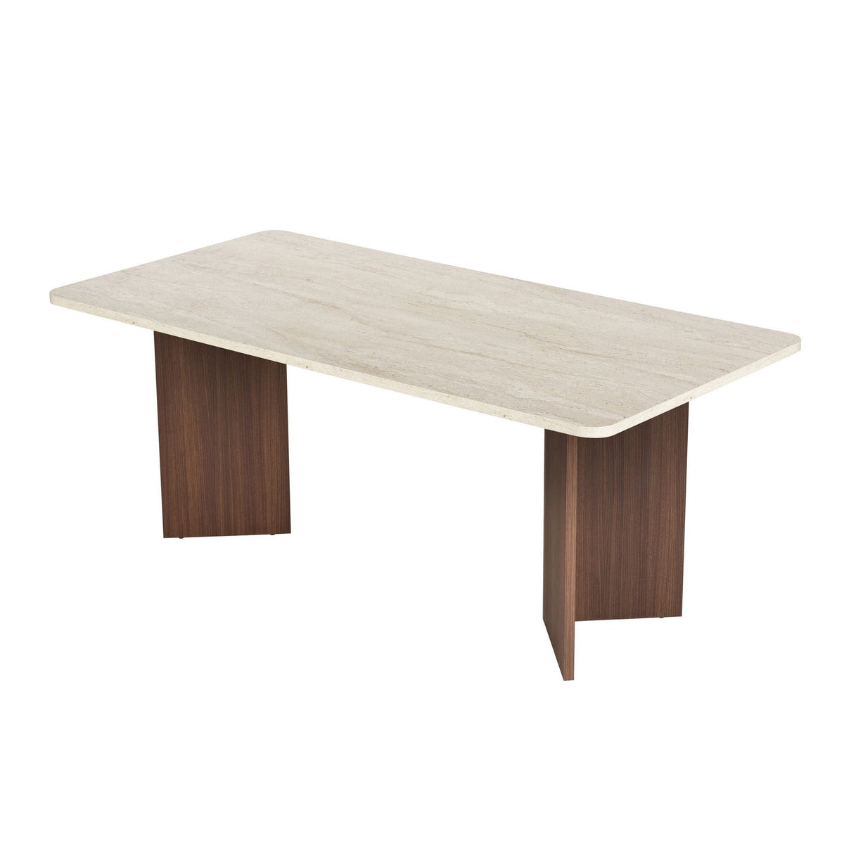Esstisch Linza von Nordure mit Tischplatte in Travertin- und Milano-Nussbaum-Optik, Masse 180 x 90 x 75 cm, Spanplatte 25 mm stark.