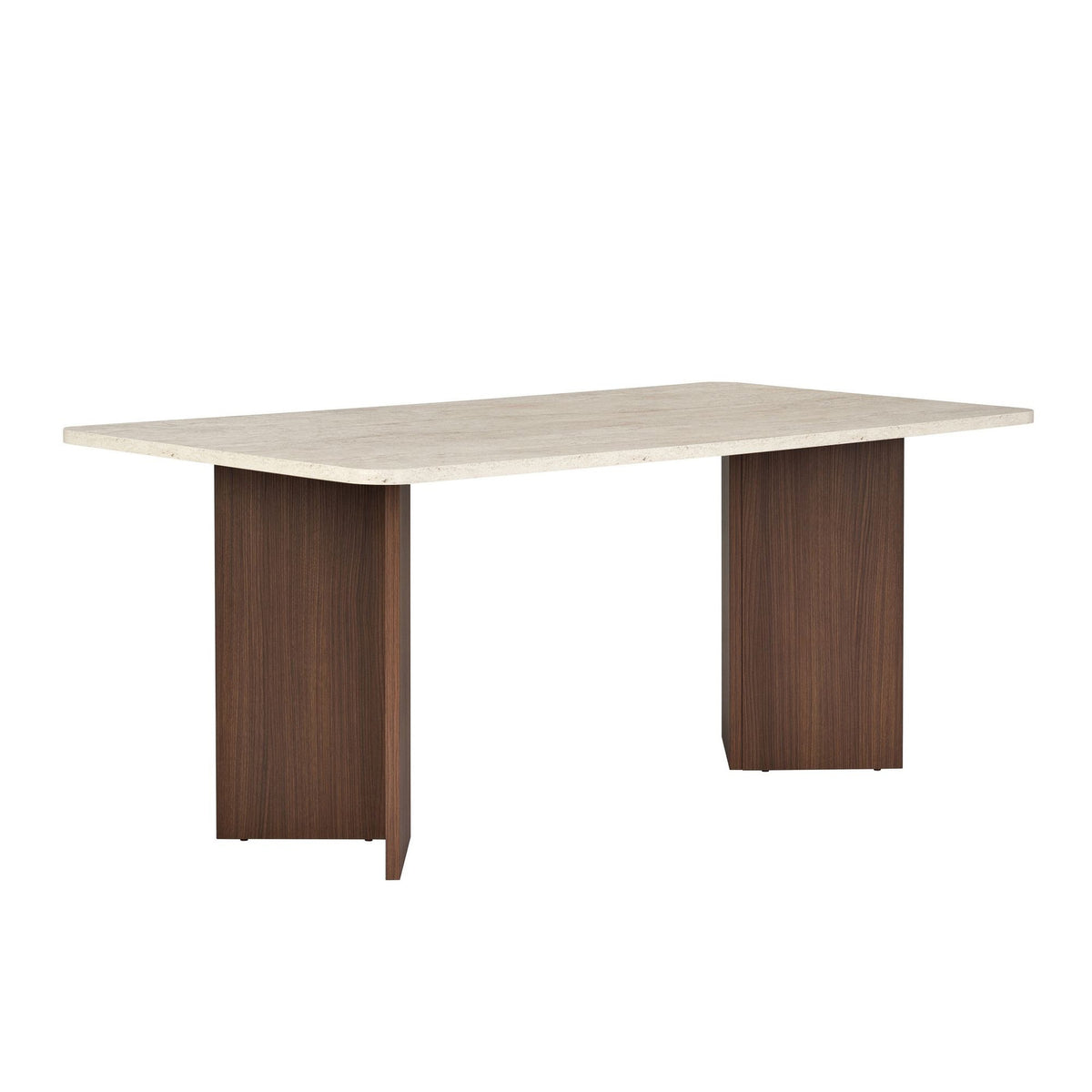 Esstisch Linza von Nordure mit Tischplatte in Travertin- und Milano-Nussbaum-Optik, Masse 180 x 90 x 75 cm, Spanplatte 25 mm stark.