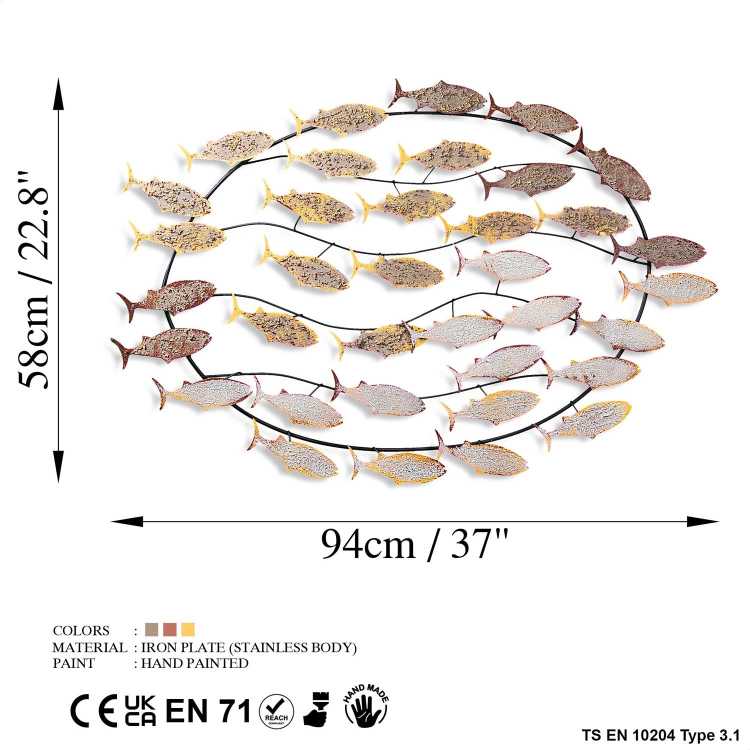 Entdecken Sie die Alabalık 2 Wanddeko von Wallity – ein handgefertigtes, mehrfarbiges Metallkunstwerk, das jedem Raum Eleganz verleiht.