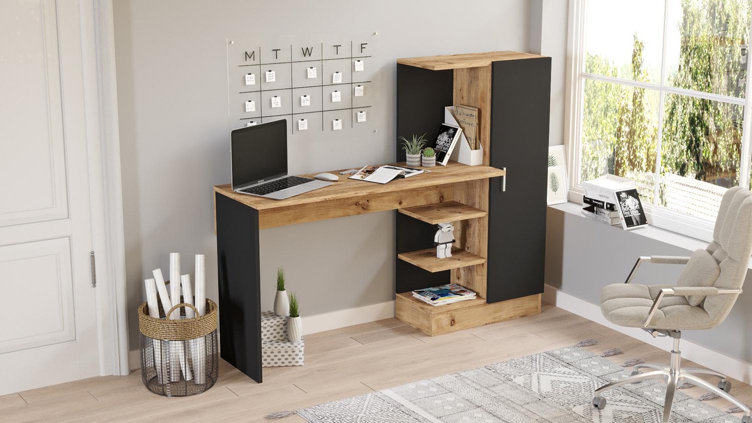 Erleben Sie modernen Stil und Funktionalität mit dem Ct2 Schreibtisch in Atlantischer Kiefer Schwarz von Hanah Home – ideal für kreative Arbeitsumgebungen.
