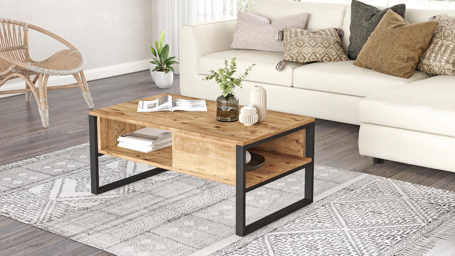 Eleganter Ml34 Sofatisch aus Atlantischer Kiefer von Hanah Home. Minimalistisches Design, hohe Stabilität und natürliche Holzmaserung für einladende Wohnräume.
