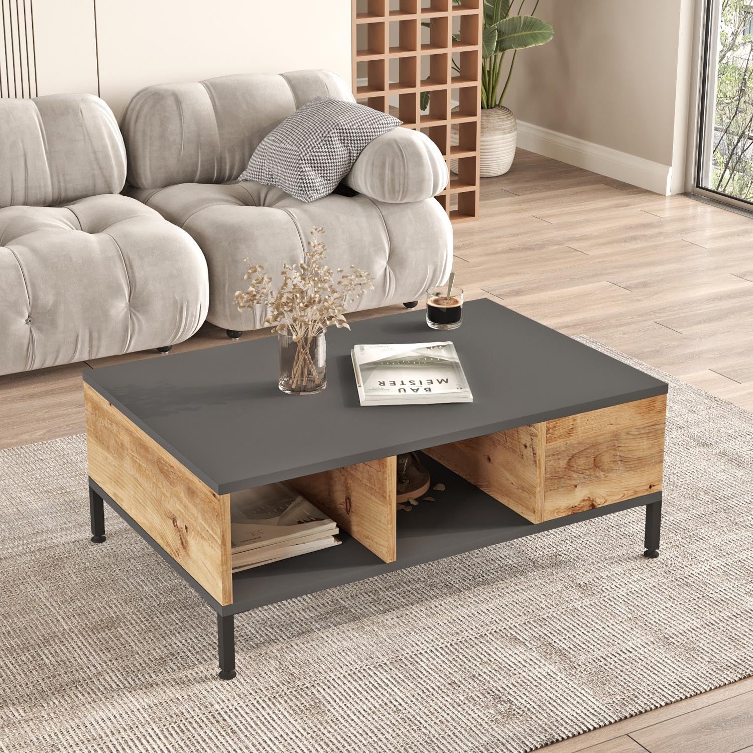 Entdecken Sie den stilvollen Rl2 Sofatisch aus atlantischer Kiefer in Anthrazit von Hanah Home – die perfekte Kombination aus Eleganz und Funktionalität.