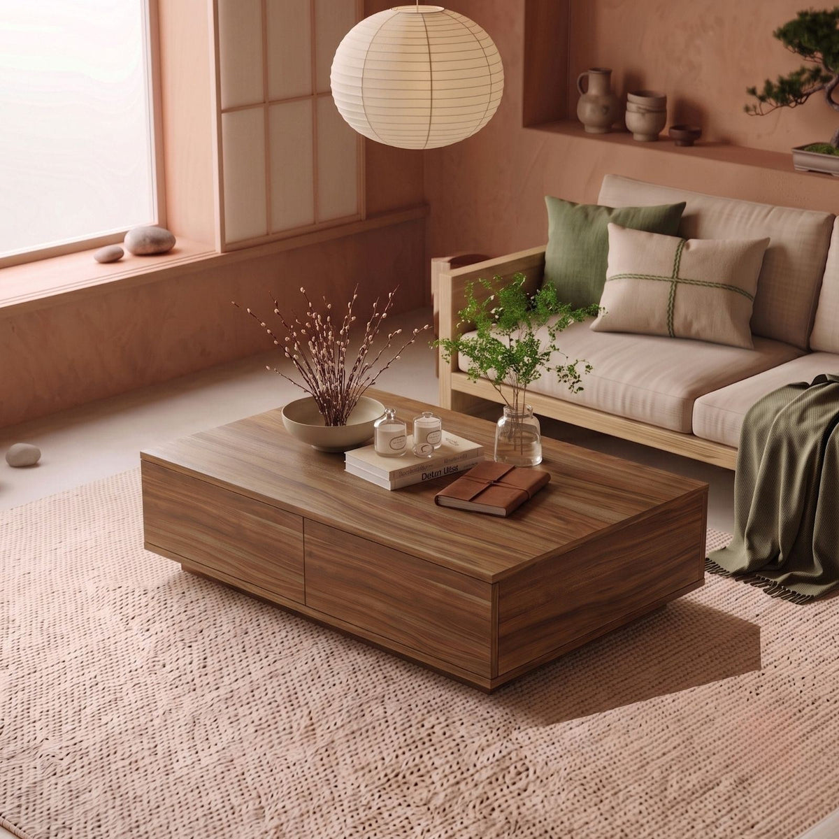 Couchtisch Ave14-Ce von Hanah Home in Nussbaumfarbe, rechteckige Form aus melaminbeschichteter Spanplatte, schlankes modernes Design.