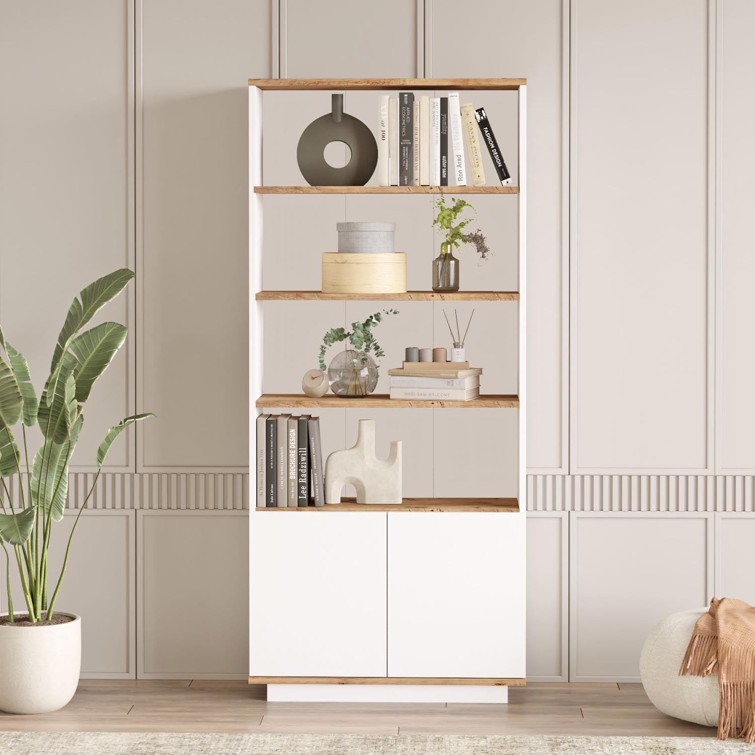 Gestalten Sie Ihr Zuhause mit dem eleganten Fr16 Bücherregal von Hanah Home in Atlantischer Kiefer und Weiß. Ideal für stilvolle Ordnung!