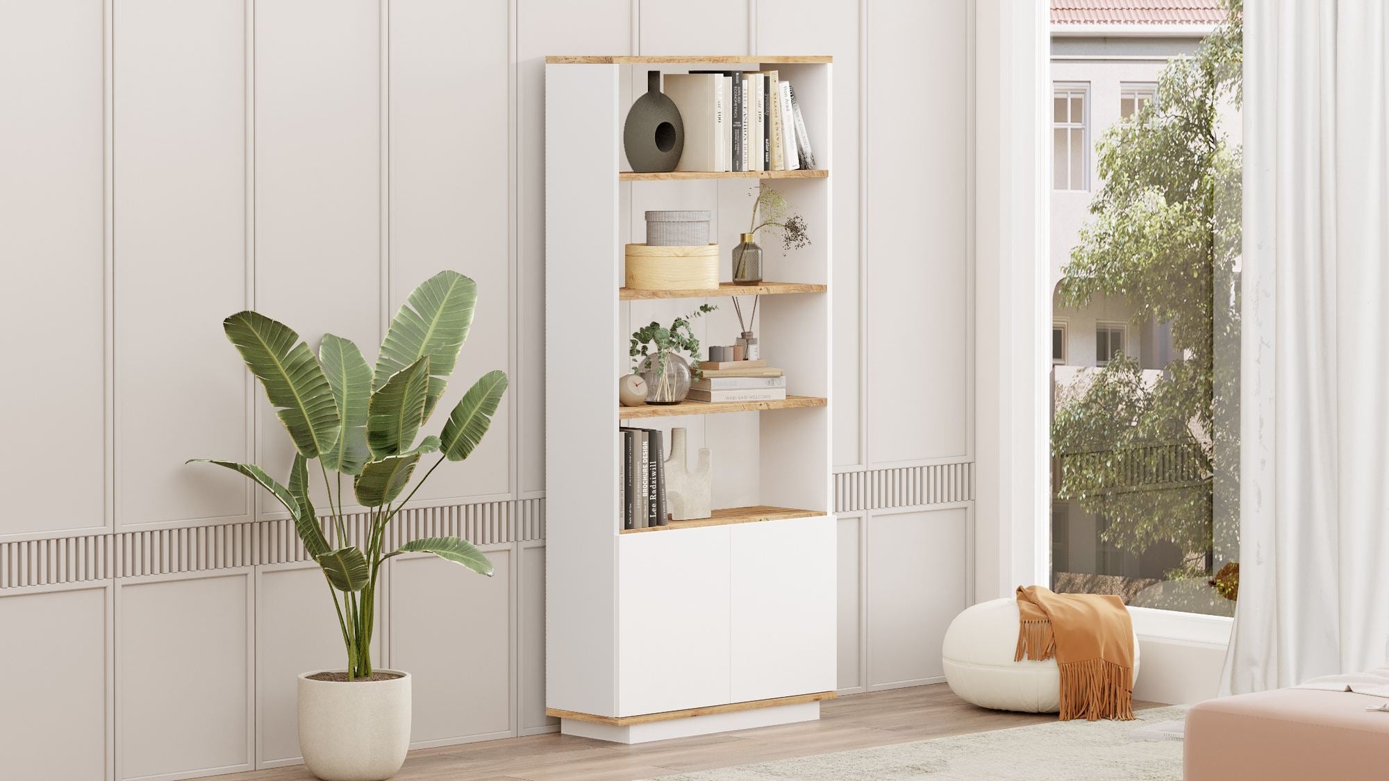Bringen Sie Ordnung und Stil in Ihr Zuhause mit dem Fr16 Bücherregal von Hanah Home. Atlantische Kiefer und Weiß vereinen Funktionalität und modernes Design.