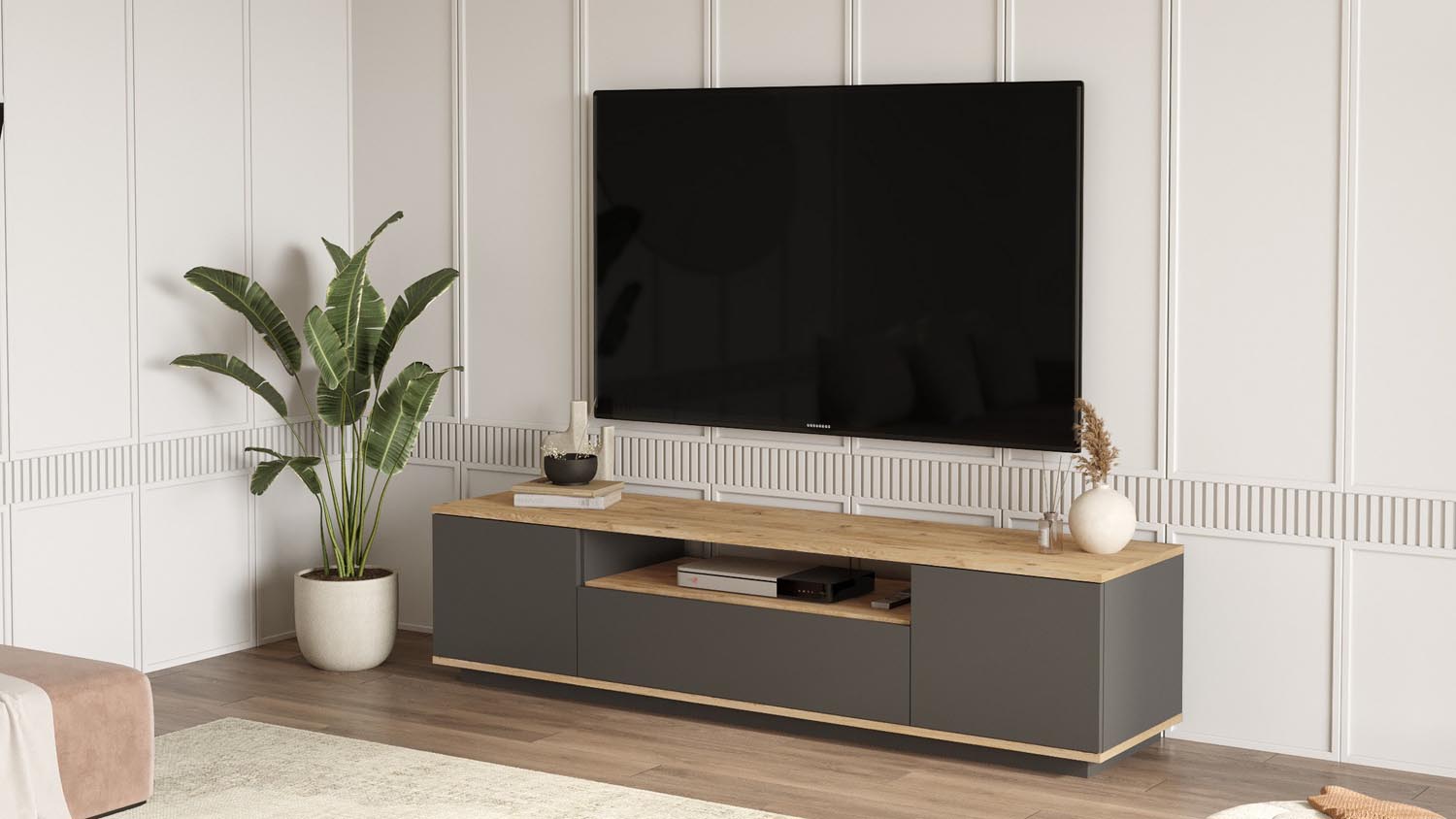 Entdecken Sie das elegante Fr7 Sideboard von Hanah Home in Atlantischer Kiefer und Anthrazit – die perfekte Kombination aus Stil und Funktionalität für Ihr Zuhause.