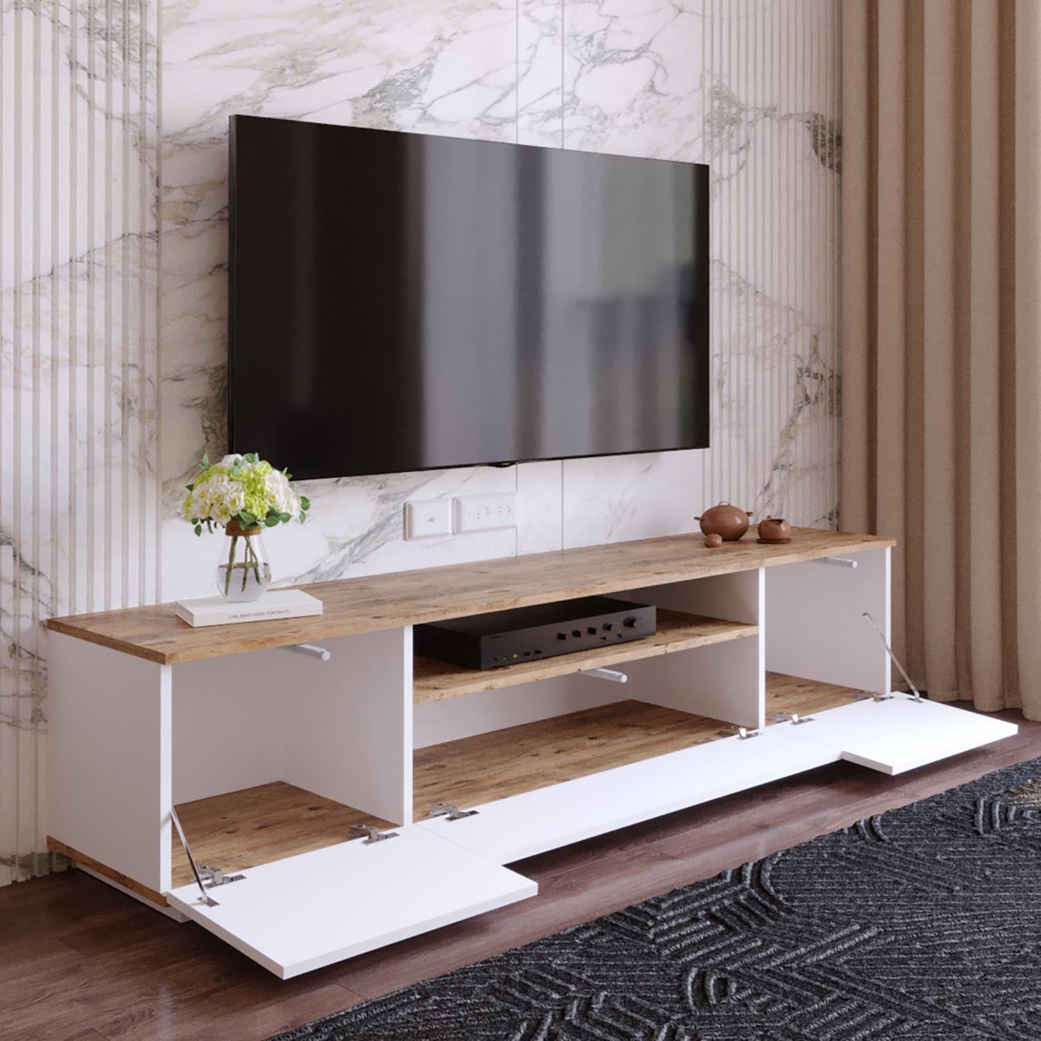 Gestalten Sie Ihr Zuhause mit dem Fr7 Sideboard von Hanah Home: Modernes Design in Atlantischer Kiefer und Weiß für stilvolle Akzente und praktischen Stauraum.