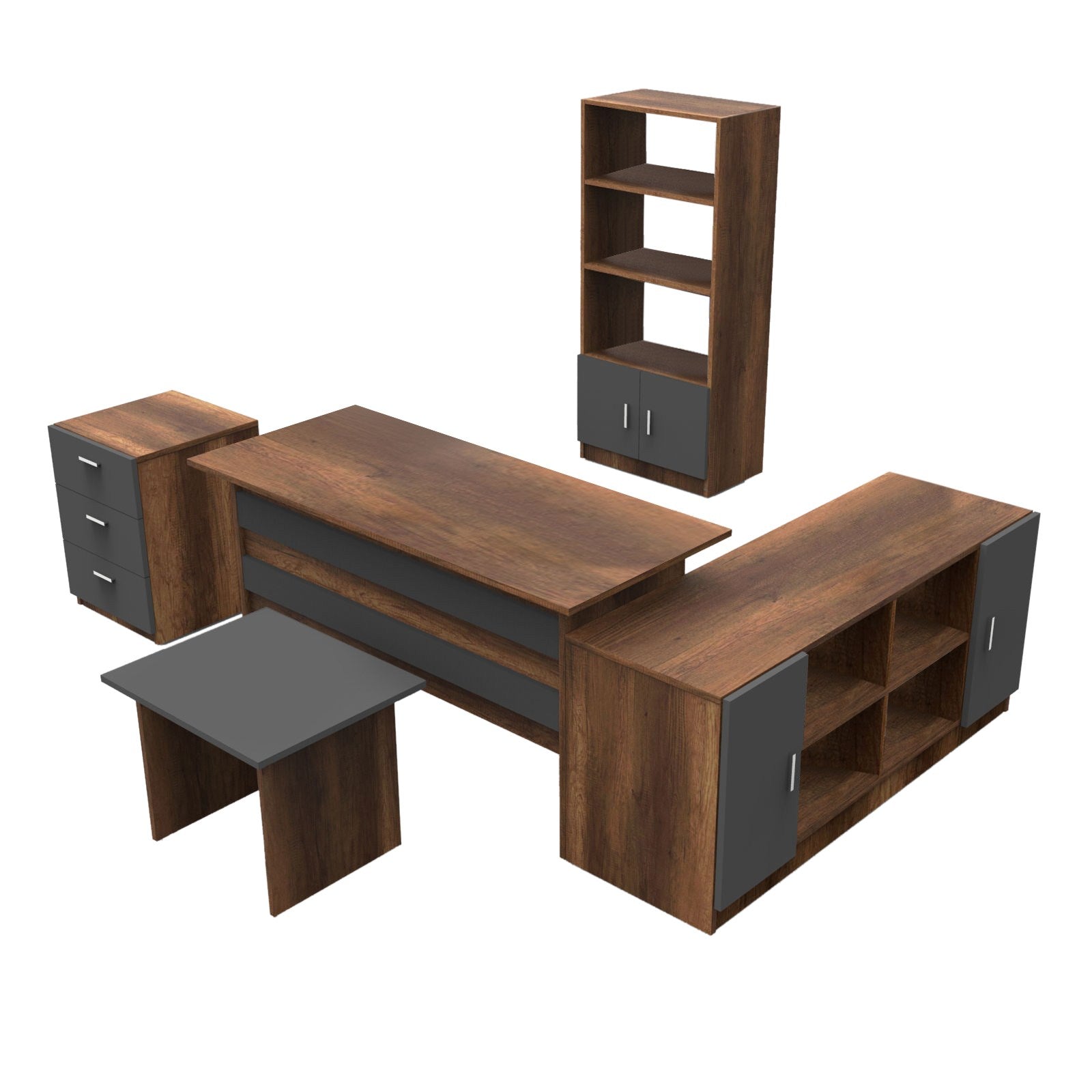 Gestalten Sie Ihr Büro stilvoll mit dem Vo15 Büromöbelset von Hanah Home in eleganter Walnuss- und Anthrazit-Optik – für Funktionalität und Ästhetik!