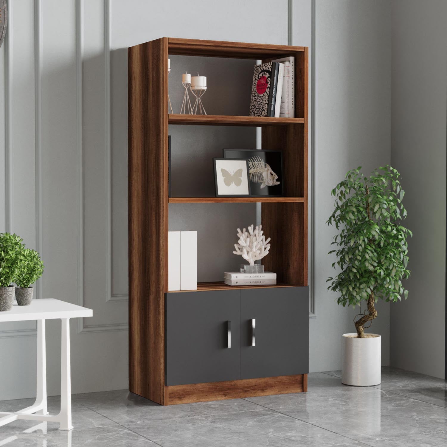 Verleihen Sie Ihrem Büro mit dem Vo15 Büromöbelset von Hanah Home in Walnuss und Anthrazit einen modernen Look – ideal für produktives Arbeiten!