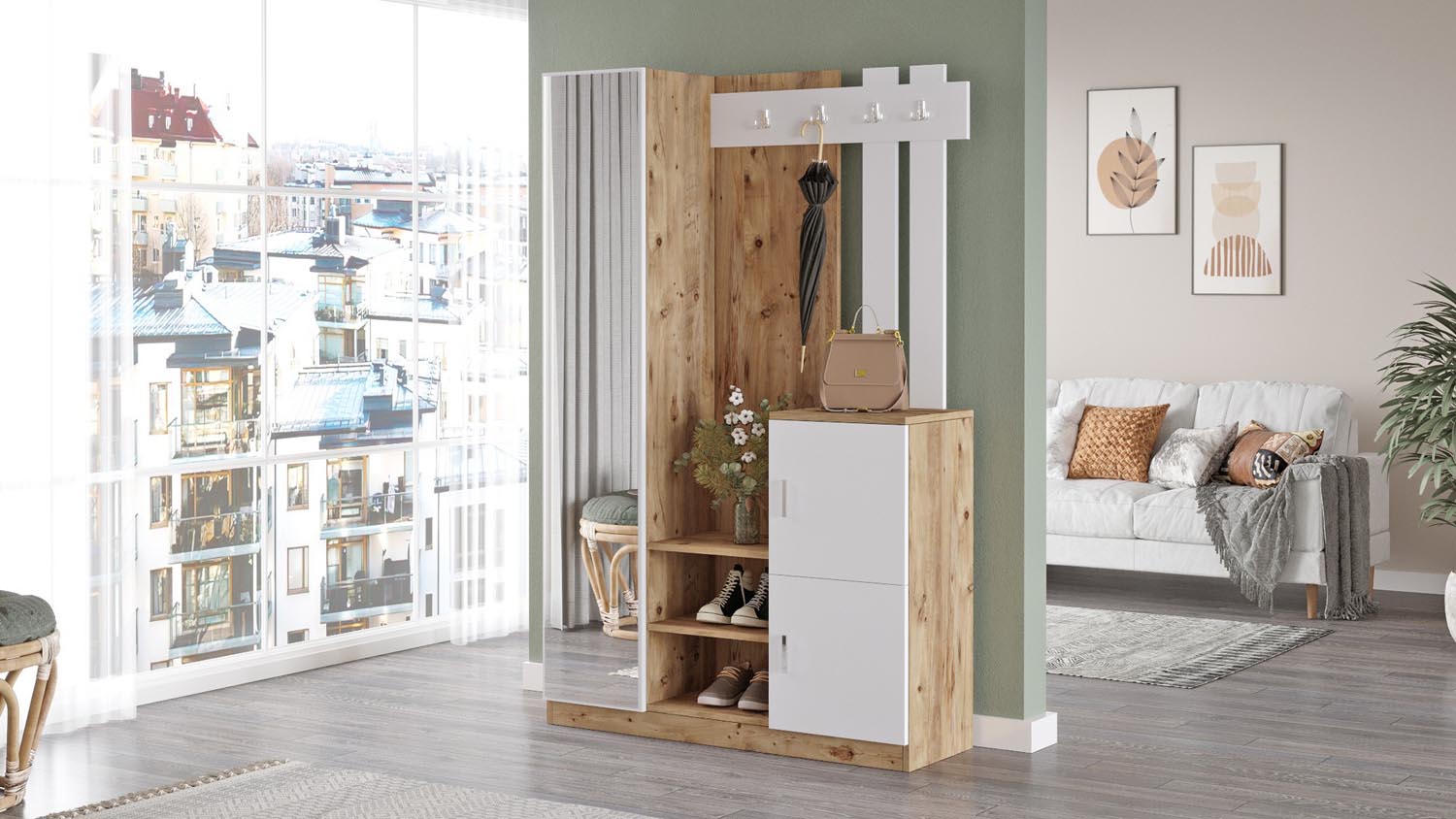 Gestalten Sie Ihren Eingangsbereich mit der Dd7 Garderobe von Hanah Home in elegantem Atlantischer Kiefer Weiß – ein stilvolles und praktisches Möbelstück!