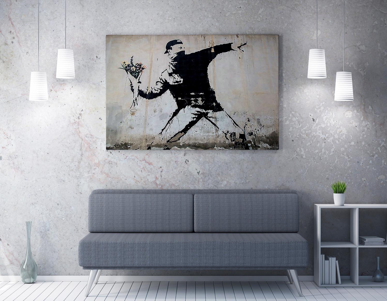 Verleihen Sie Ihrem Raum mit dem 50 x 70 cm großen Leinwandbild "Rage, Flower Thrower" von Banksy einen einzigartigen Akzent. Dieses Kunstwerk inspiriert und regt zum Nachdenken an.