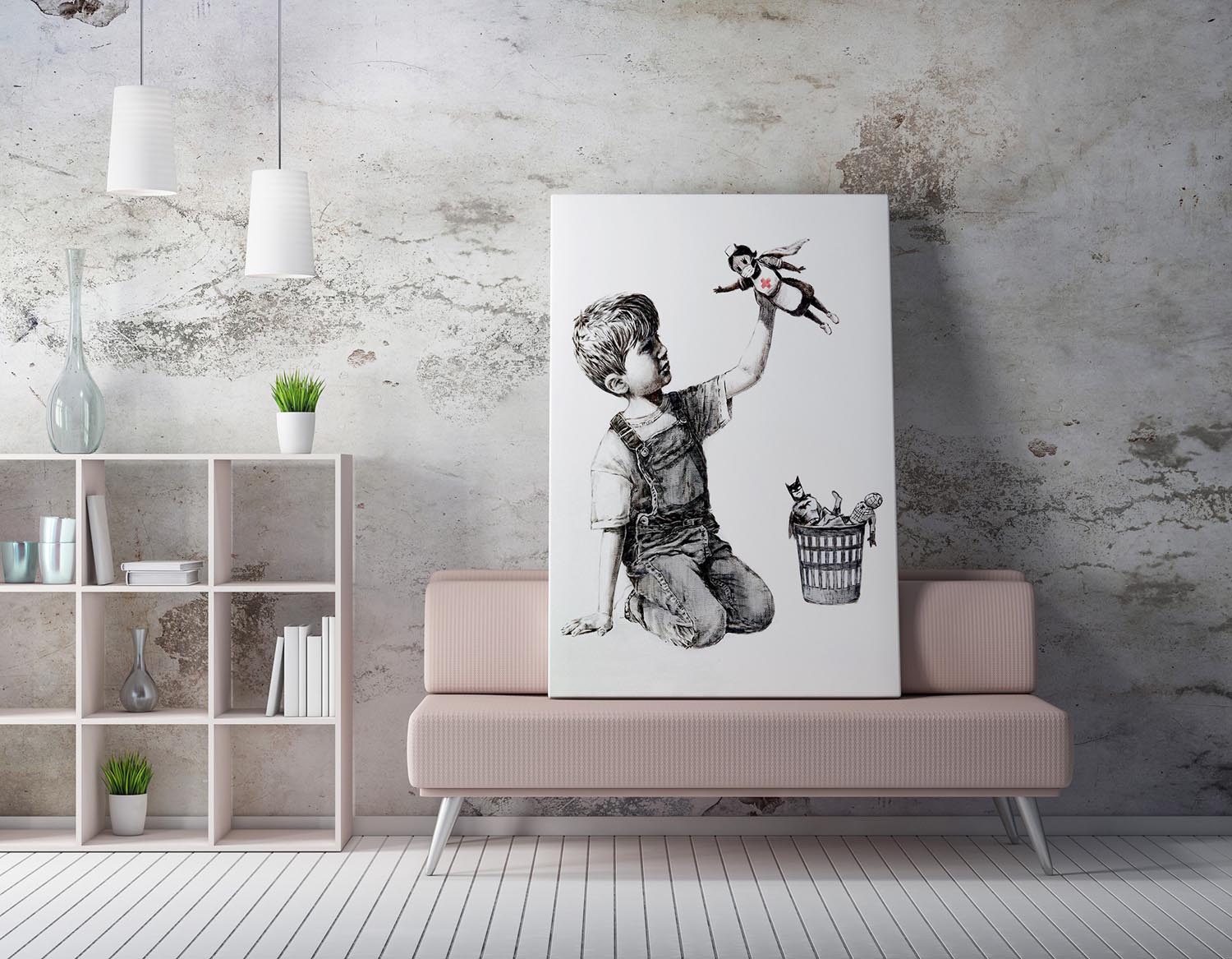 Verleihen Sie Ihrem Raum mit dem WY62 Leinwandbild (70 x 100) von Wallity einen Hauch von Kunst und Eleganz. Ein emotionales Meisterwerk von Banksy.