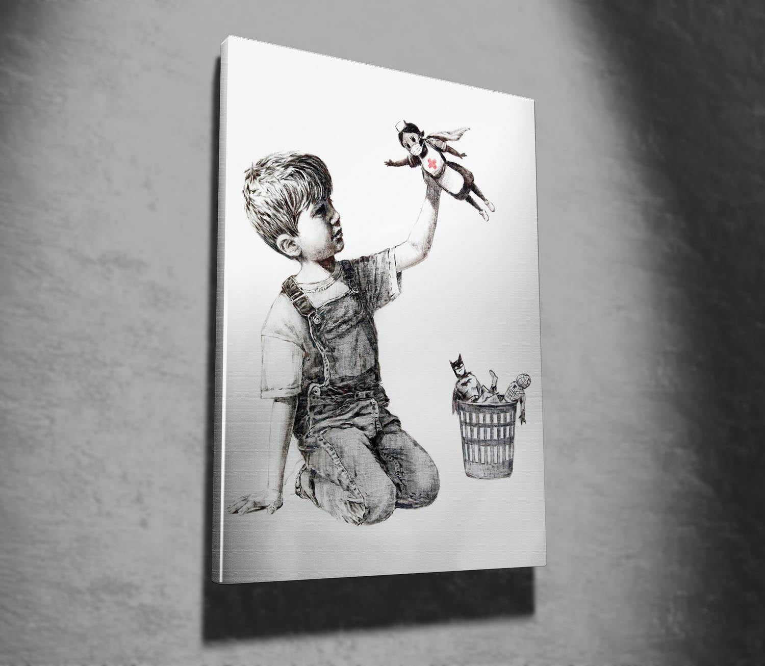 Verleihen Sie Ihrem Raum mit dem WY62 Leinwandbild (70 x 100) von Wallity einen Hauch von Banksys Kunst – ein emotionales Meisterwerk für jeden Raum.