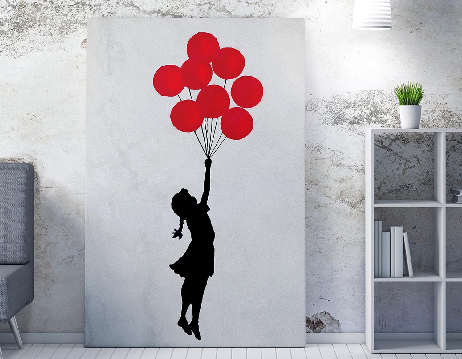 Entdecken Sie das beeindruckende WY63 Leinwandgemälde "Fliegendes Ballon Mädchen" von Banksy. Ein farbenfrohes Kunstwerk, das Hoffnung und Freiheit verkörpert.