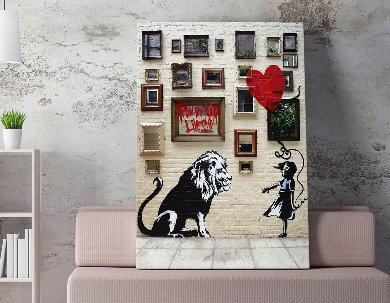 Entdecken Sie das beeindruckende gerahmte Leinwandbild WY119 (50 x 70) von Wallity. Bringen Sie mit Banksys Kunst Farbe und Inspiration in Ihr Zuhause!