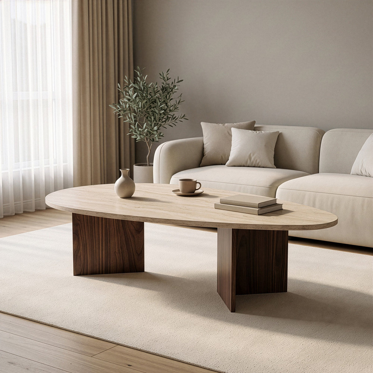 Couchtisch Flap von Hanah Home mit Tischplatte in Travertin-Optik und Gestell in Milano-Walnuss, rechteckige Form, Spanplattenbeine.