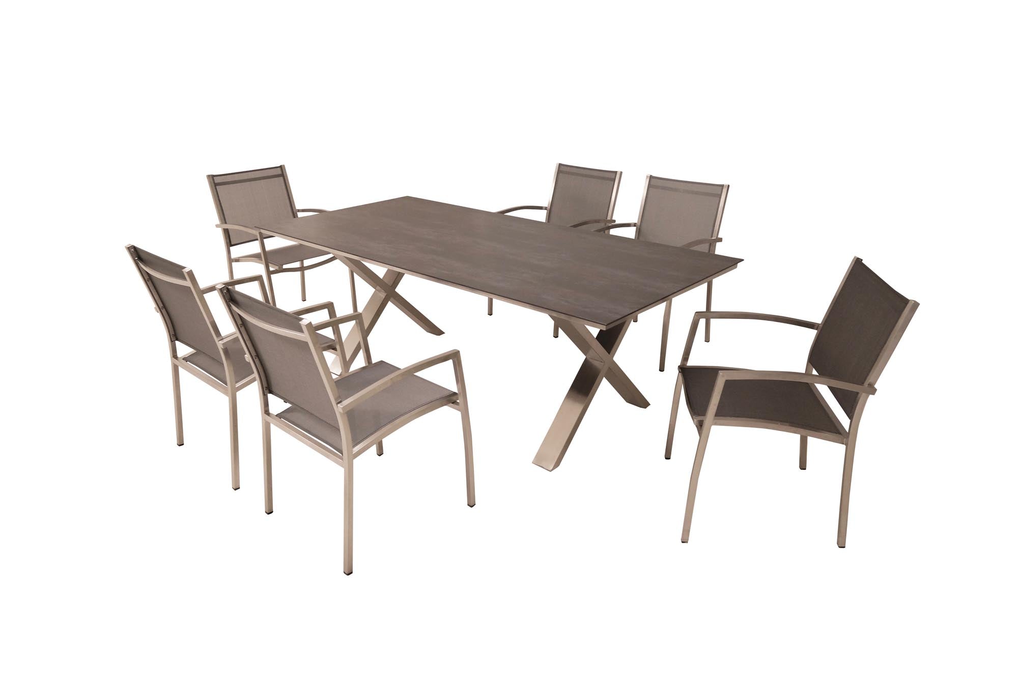 Moderner Gartentisch Monaco in Anthrazit, 210x100 cm, mit robuster Edelstahl X-Form, perfekt für gemütliche Stunden im Freien.