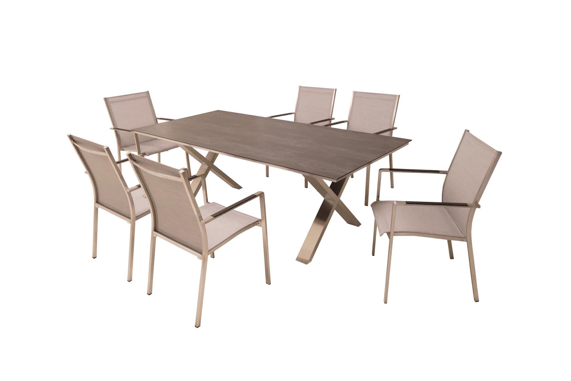 Eleganter Gartentisch Monaco aus Edelstahl in X-Form, 210x100 cm, ideal für stilvolle Outdoor-Events und entspannte Abende im Garten.