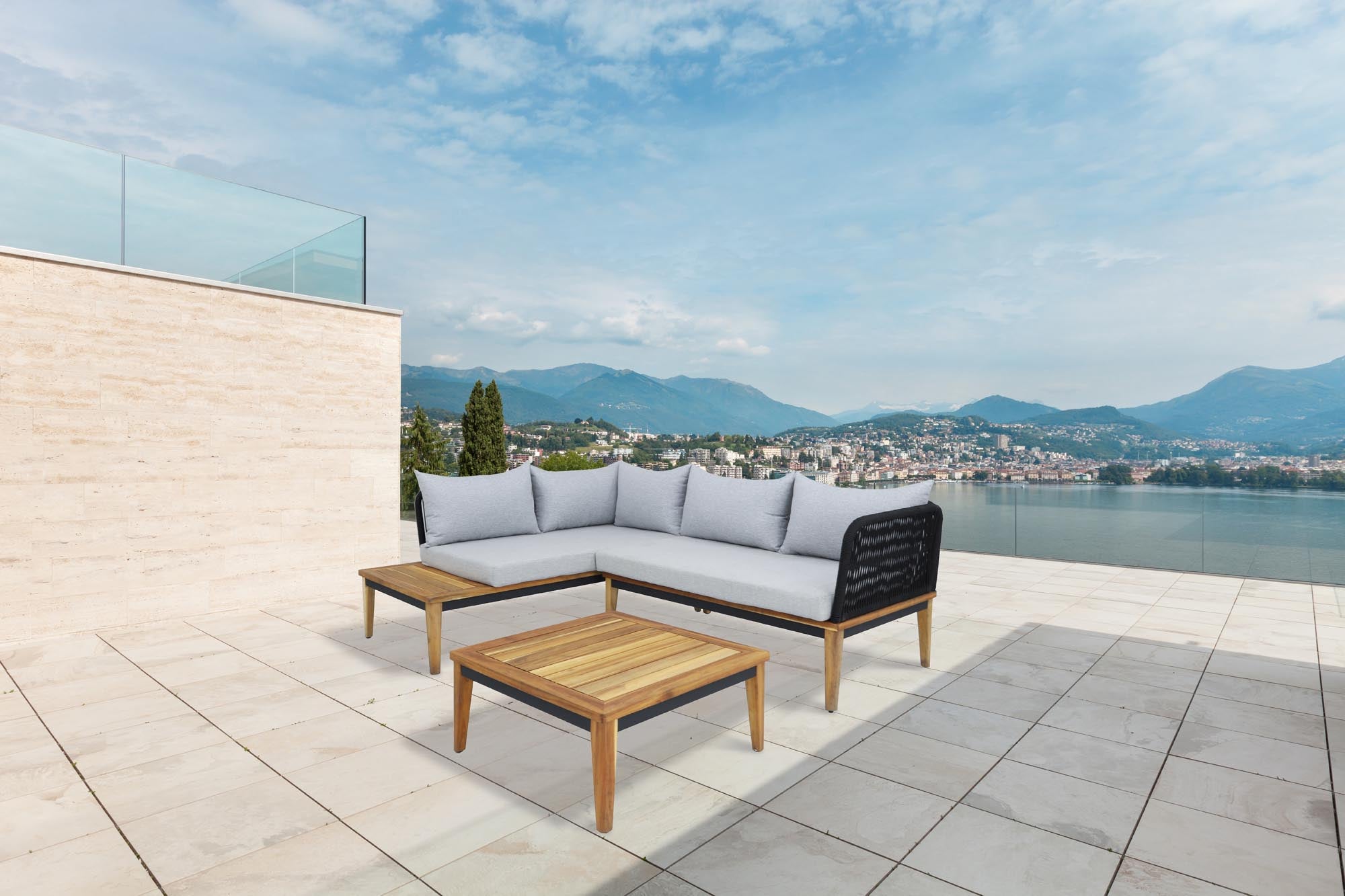 Gemütliche Gartenlounge Amalfi aus Akazienholz, ideal für entspannte Stunden im Freien. Stilvolles Loungeset von Be Garden.