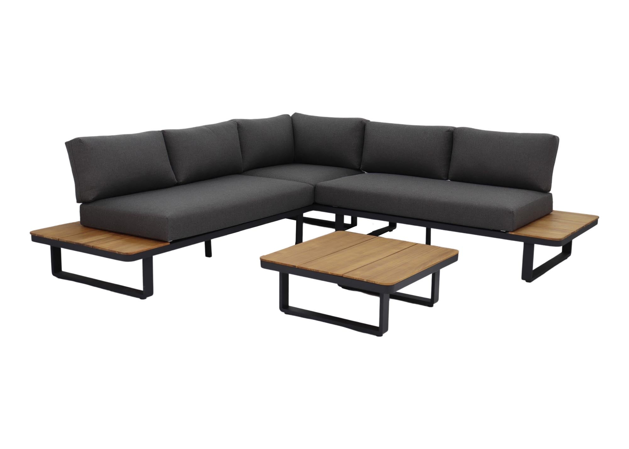 Moderne Gartenlounge Silas mit schwarzem Alugestell und Akazienholz, ideal für stilvolle Entspannung im Freien.