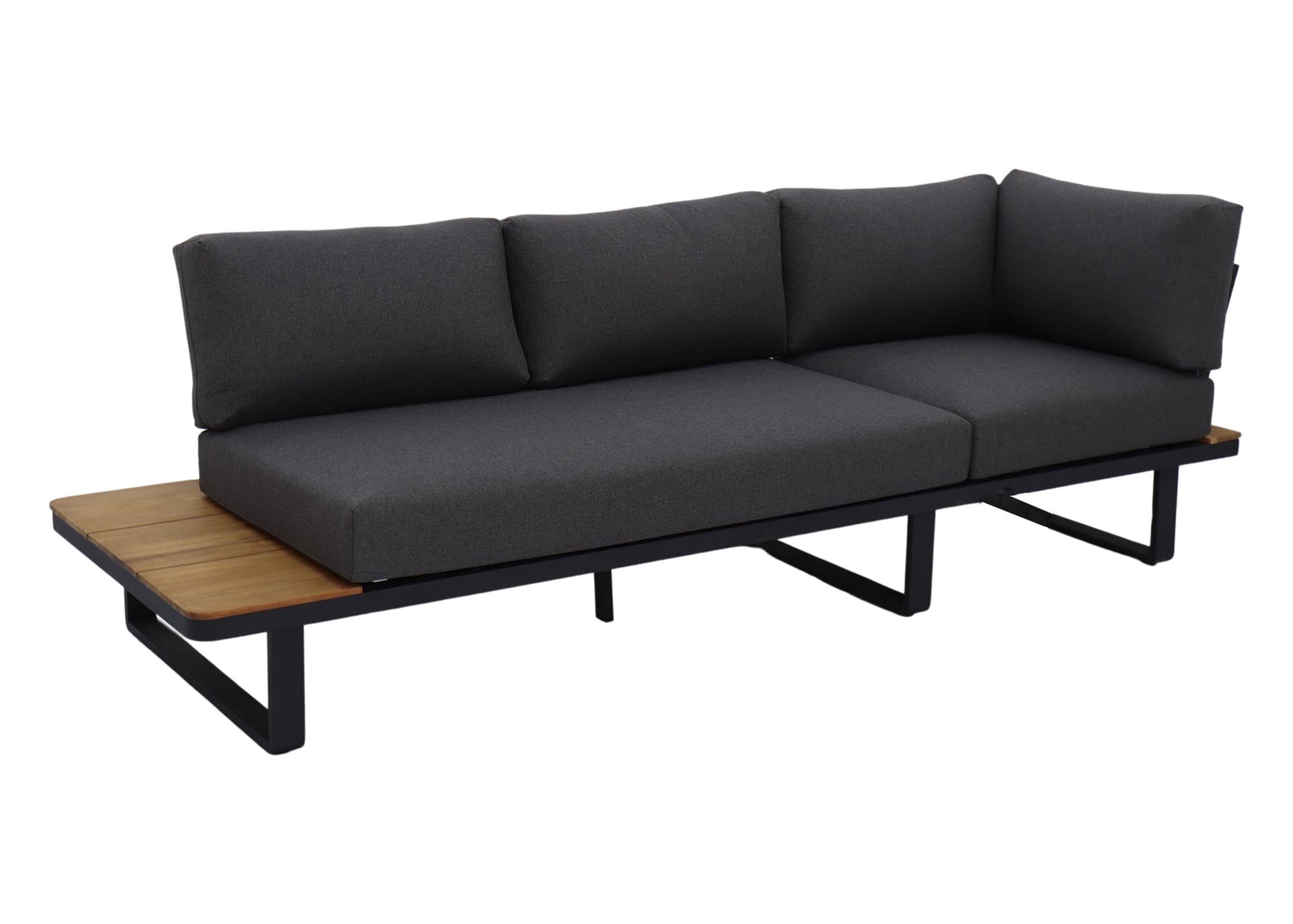 Elegantes 3-Sitzer Gartensofa Silas mit schwarzem Alugestell und Akazienholz, ideal für stilvolle Lounges im Freien.
