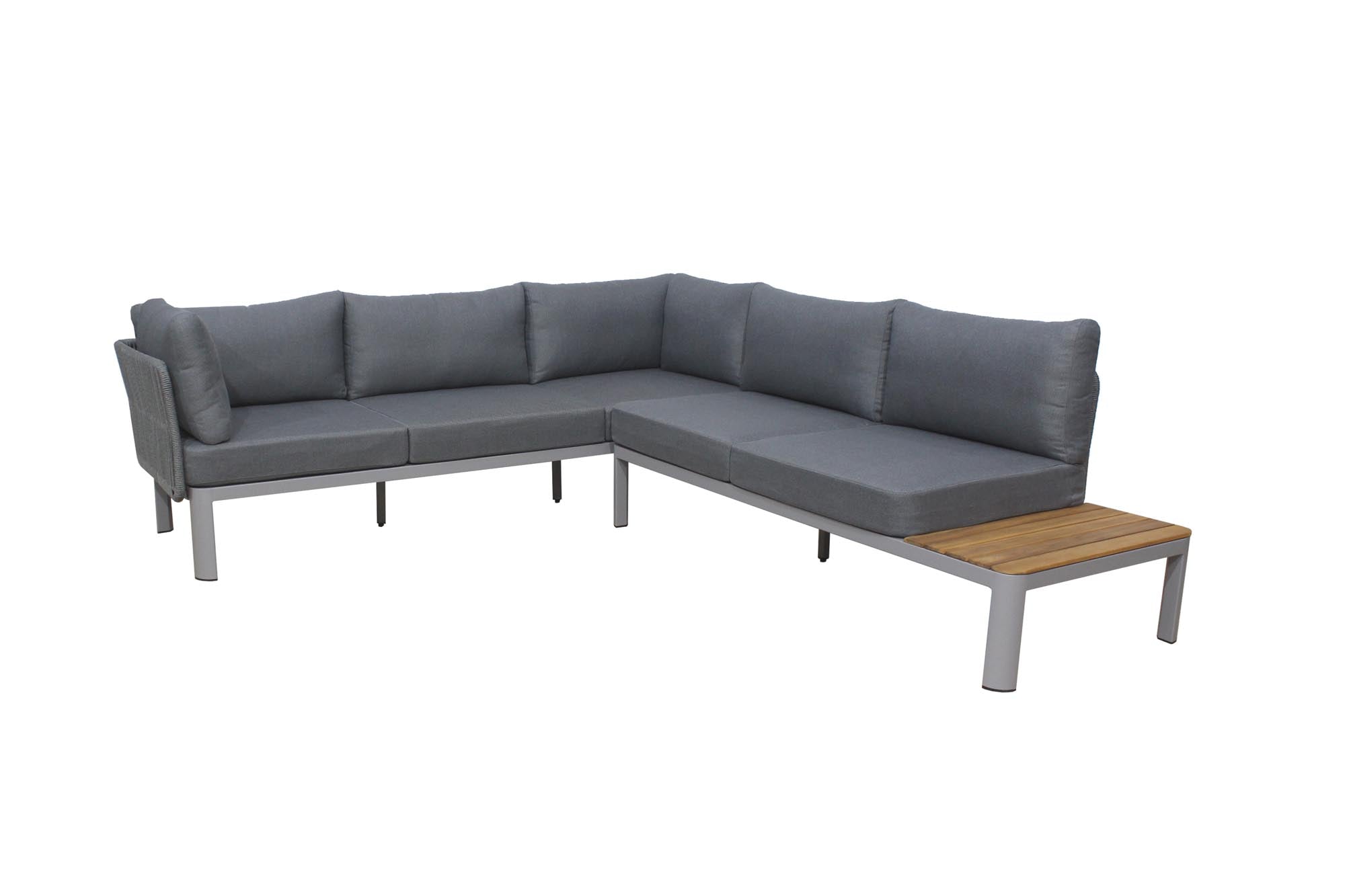Elegante Loungegruppe Madrid mit 3er und 2er Sofa sowie praktischer Ablage aus Akazienholz, ideal für entspannte Stunden im Freien.