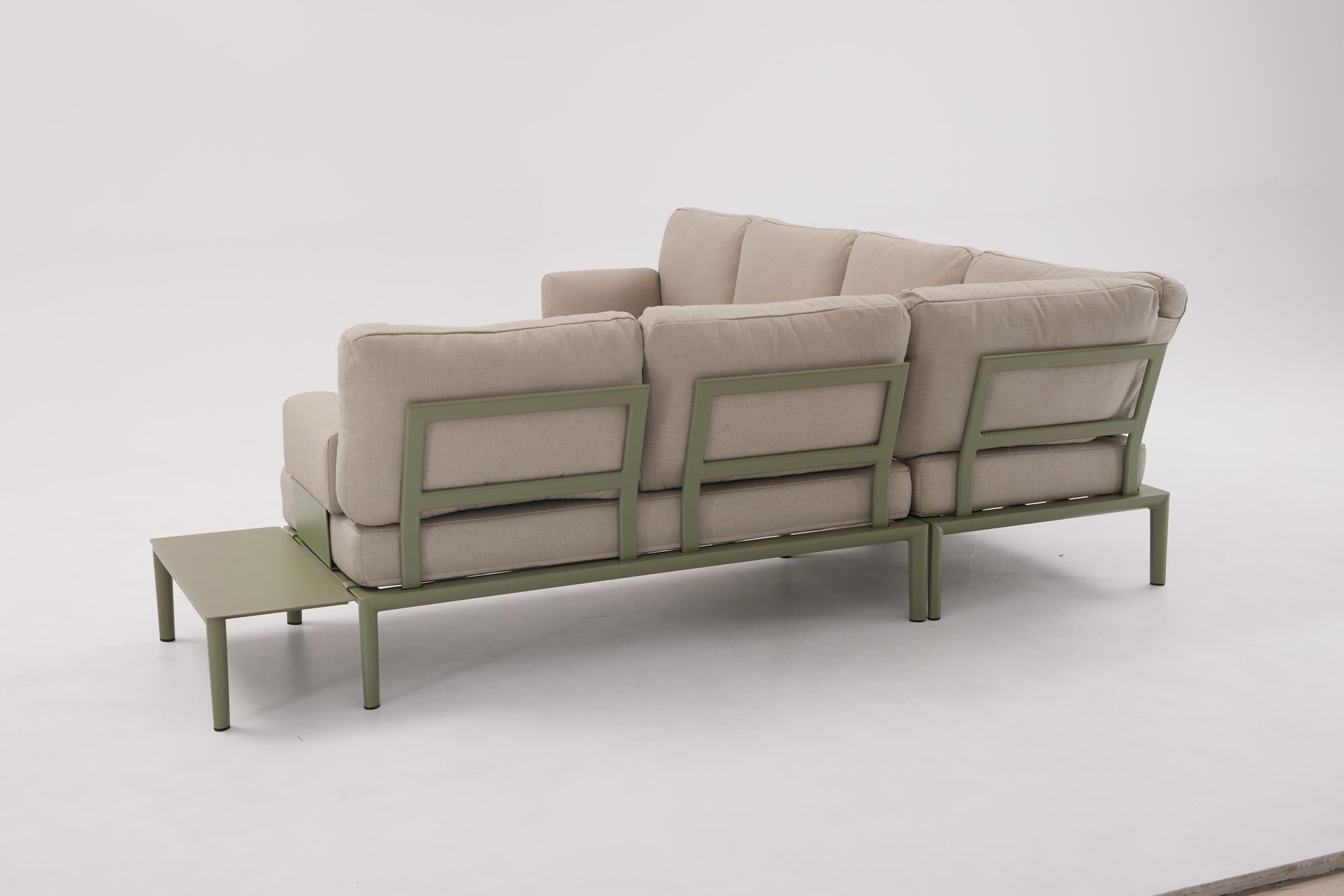 Stylisches 2-Sitzer Gartensofa mit Eckelement in edlem Oliv-Grün, ideal für entspannte Momente im Garten oder auf der Terrasse.