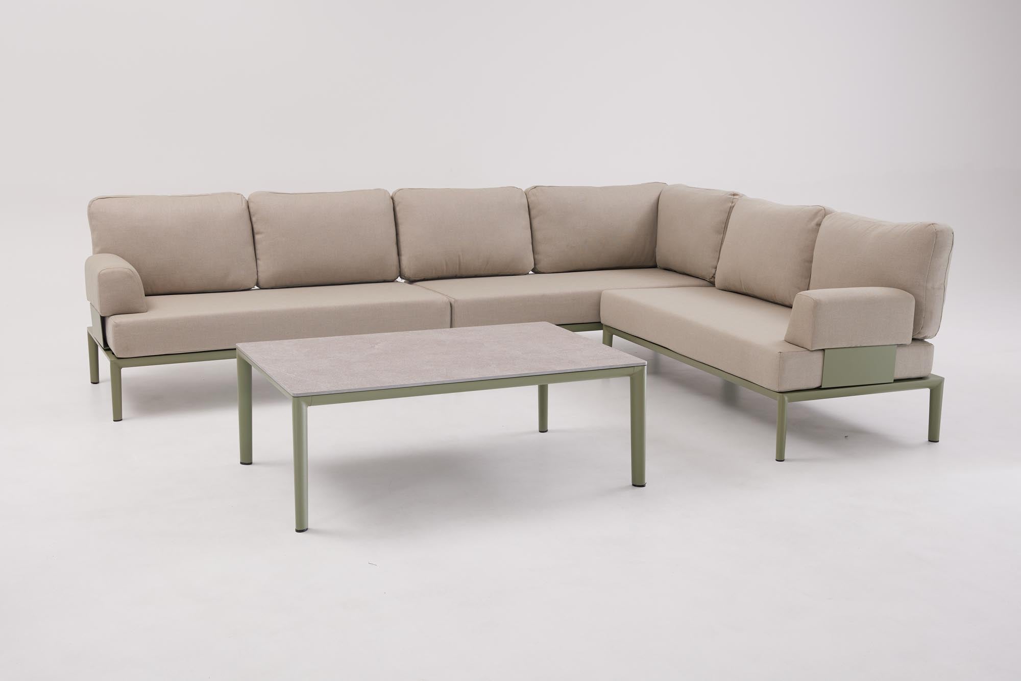Elegantes 2-Sitzer Gartensofa mit praktischer Ecklösung in modernem Oliv-Grün, perfekt für gemütliche Stunden im Freien.