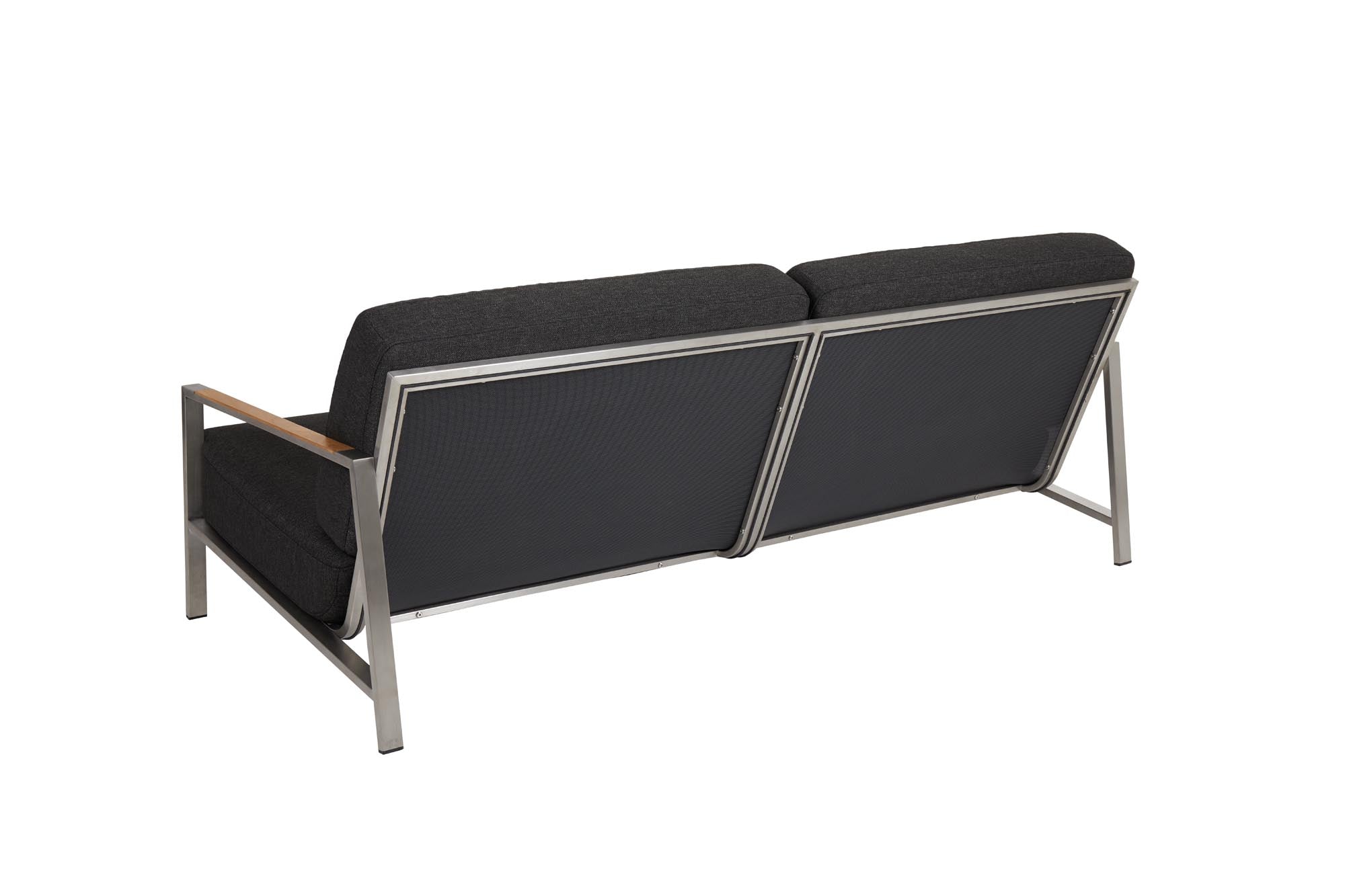 Elegantes Lounge Sofa Naos mit robustem Edelstahlgestell und stilvollen Teak-Armlehnen, ideal für entspannte Momente im Freien.