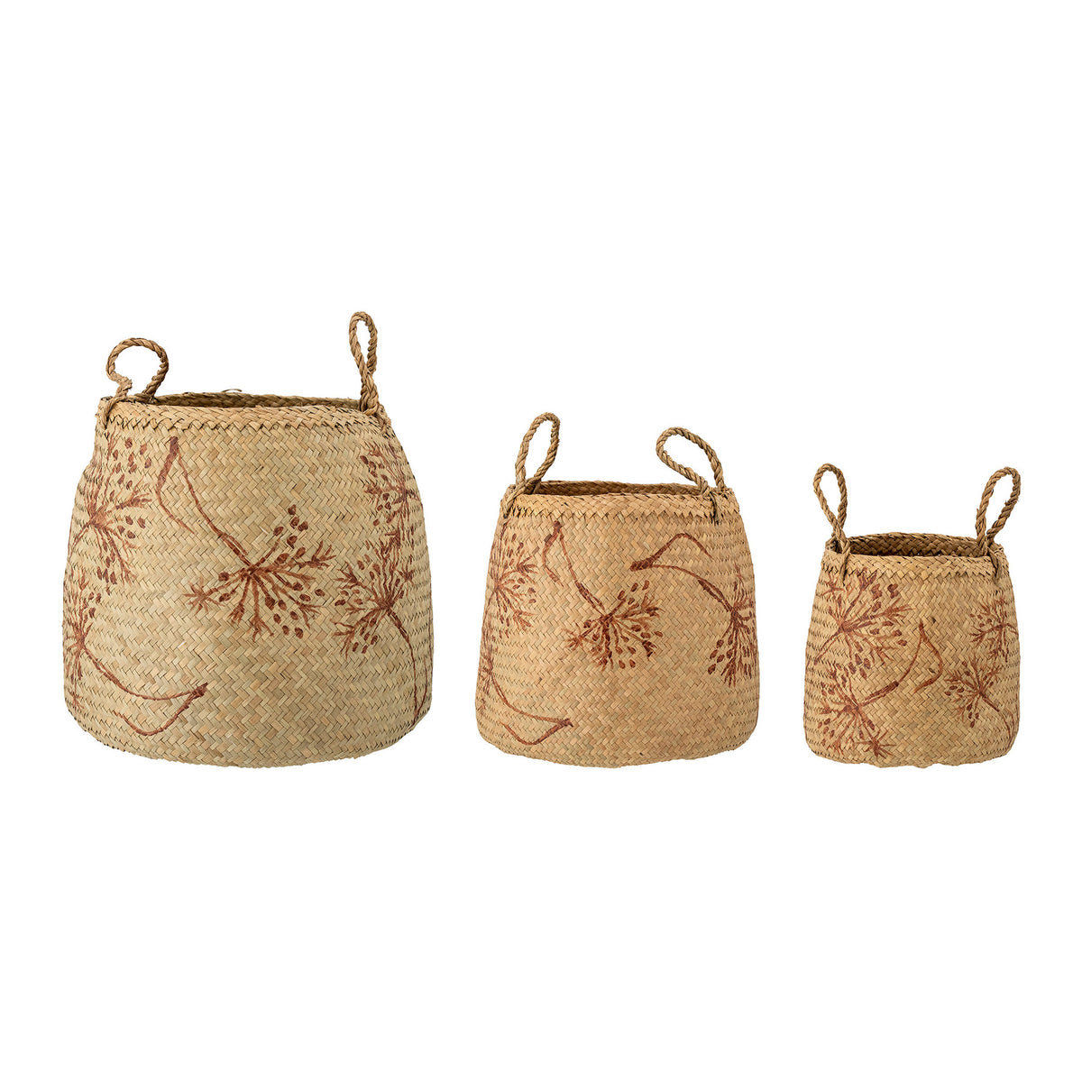 Aufbewahrungskörbe Molli, drei Seegras-Körbe in Beige mit Blattmuster und Schlaufenhenkeln