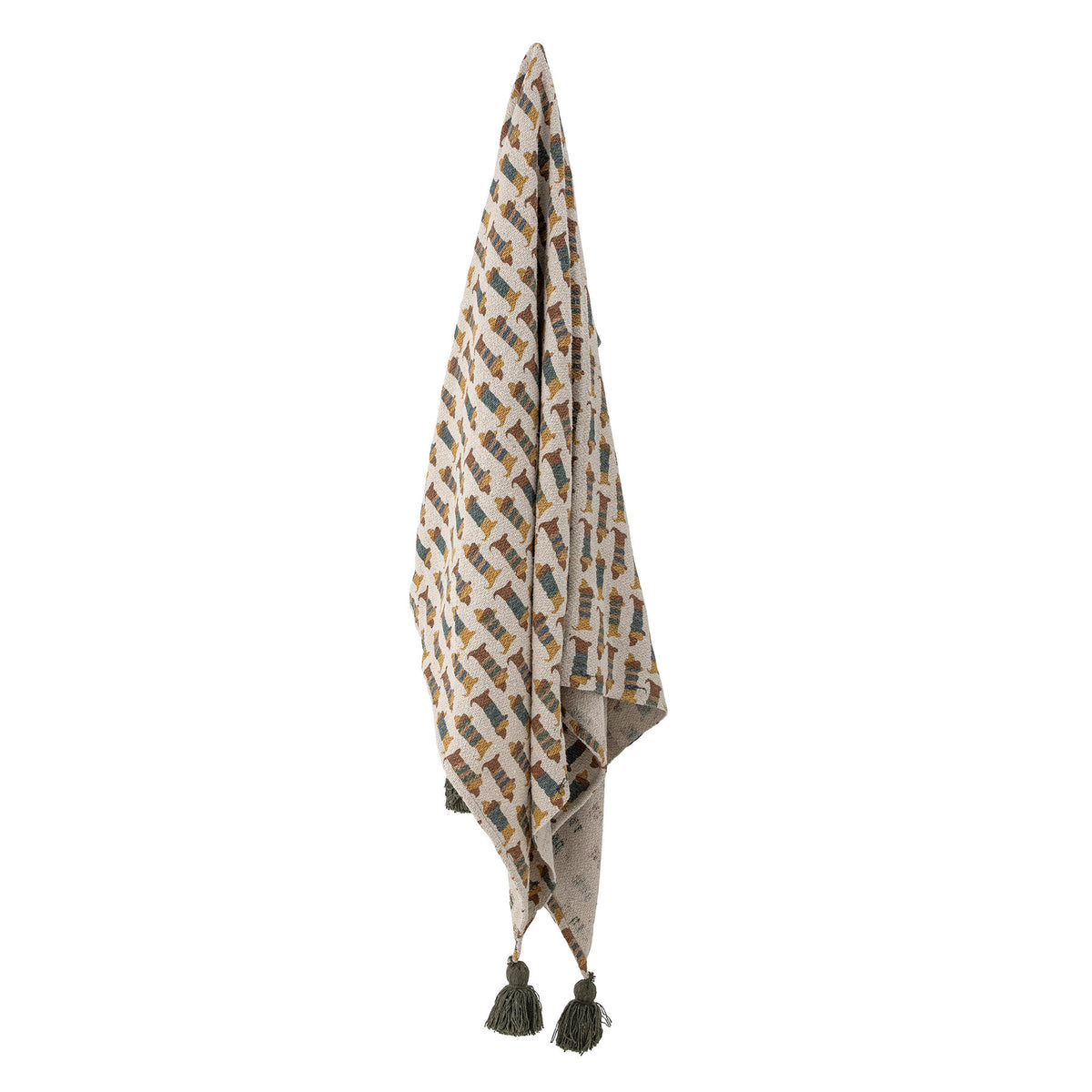 Charlie Decke von Bloomingville Mini in Brown mit buntem Druckmuster, aus Mischfasern, rechteckige Form mit Quasten an den Ecken, 160x130cm.