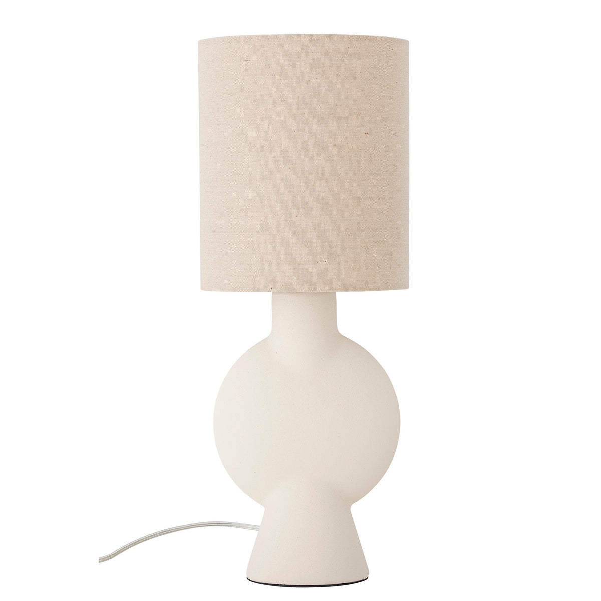Weisse Tischlampe Sergio von Bloomingville aus Steingut mit rundem Fuss, schmalem Hals und Leinenschirm, Höhe 55 cm, Durchmesser 21 cm.