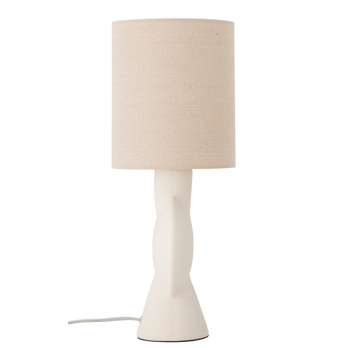 Weisse Tischlampe Sergio von Bloomingville aus Steingut mit rundem Fuss, schmalem Hals und Leinenschirm, Höhe 55 cm, Durchmesser 21 cm.