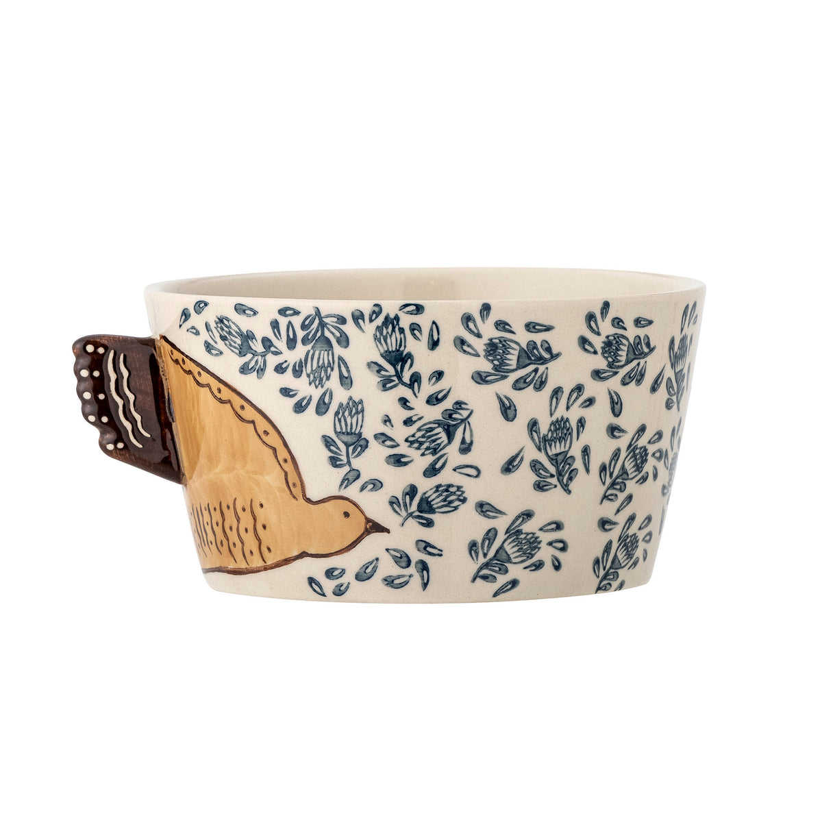 Runde Schale aus Steingut in Beige mit handverzierten Vogel- und Blumenmotiven in Blau- und Brauntönen, Modell Hezha von Bloomingville