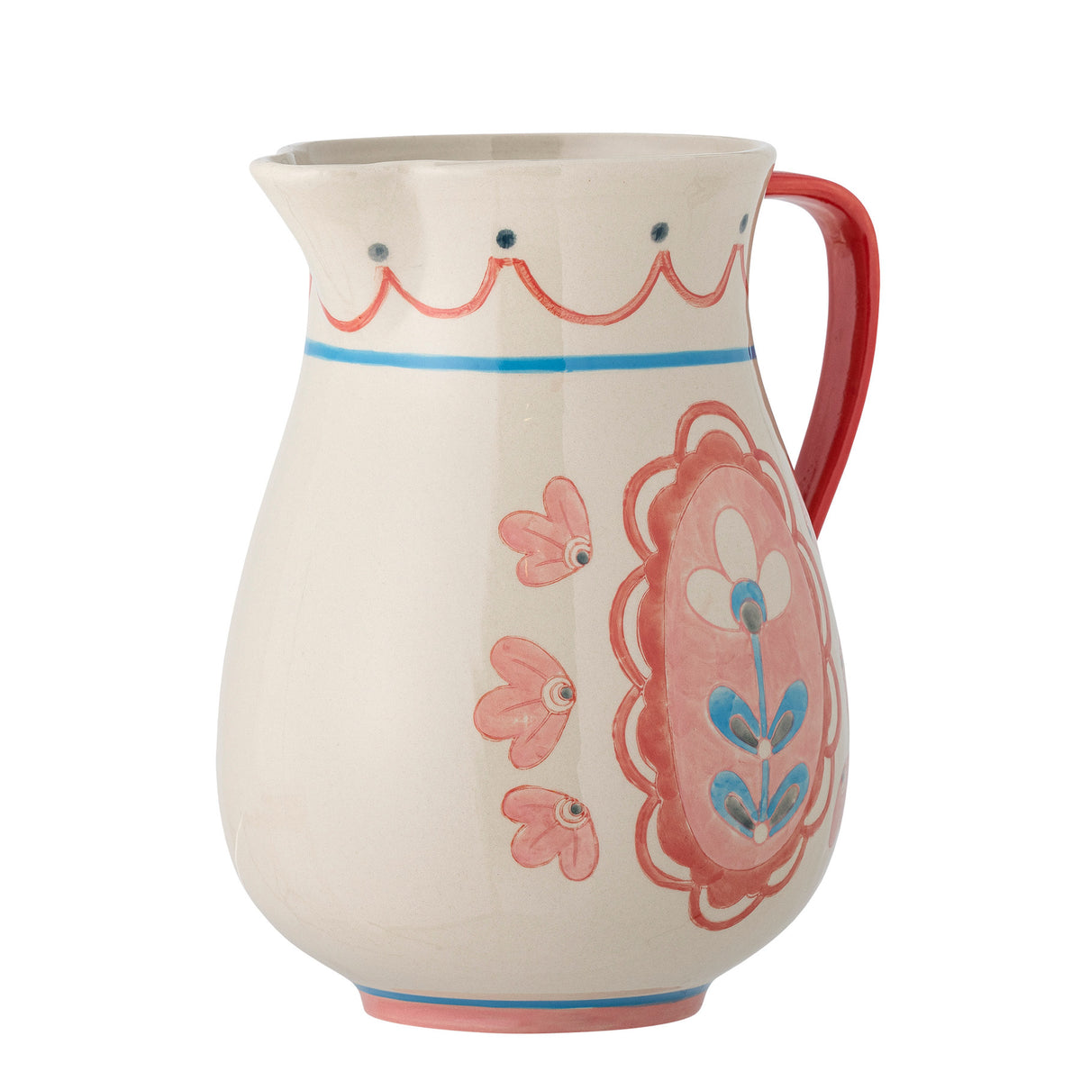 Weisser Wasserkrug aus Steingut mit Blumenmotiv in Pink und Blau, rosa Griff, handdekoriert, Modell Odina von Bloomingville