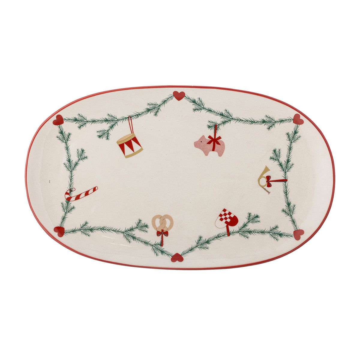Weisse Servierplatte Yule aus Steingut mit weihnachtlichen Motiven und handgemalten Details