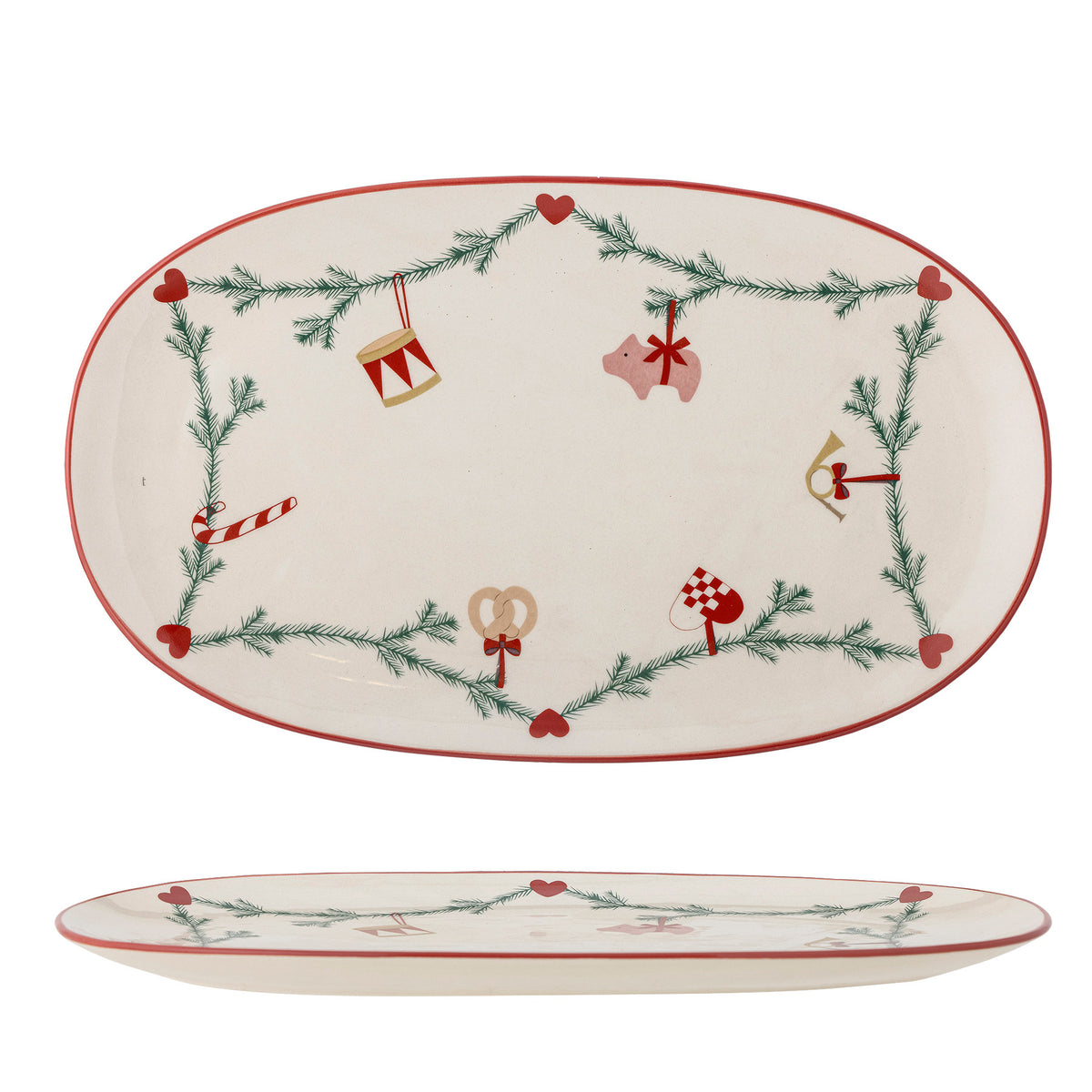 Weisse Servierplatte Yule aus Steingut mit weihnachtlichen Motiven und handgemalten Details